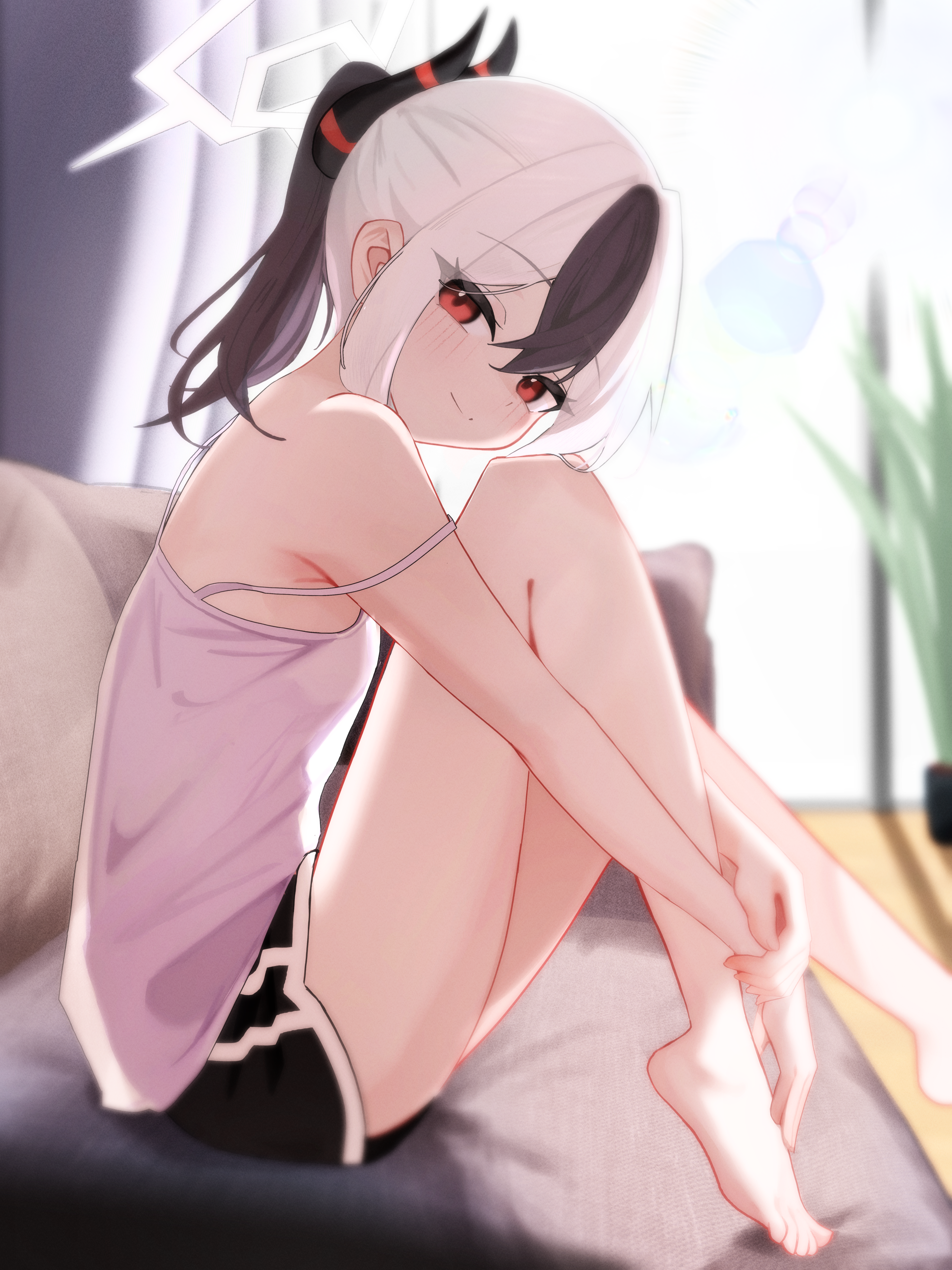 ryoya, kayoko (blue archive), blue archive, absurdres, highres, 1girl, alternate costume, bare arms, bare legs, bare shoulders, barefoot, black shorts, closed mouth, demon girl, demon horns, from side, grey halo, hair between eyes, halo, horns, looking at viewer, pink tank top, red eyes, short shorts, shorts, sidelocks, smile, solo, tank top