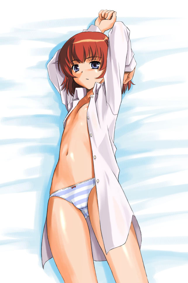 umekichi, rosetta passel, kaleido star, 00s, 1girl, female focus, flat chest, loli, lying, open clothes, open shirt, panties, shirt, solo, striped clothes, striped panties, underwear