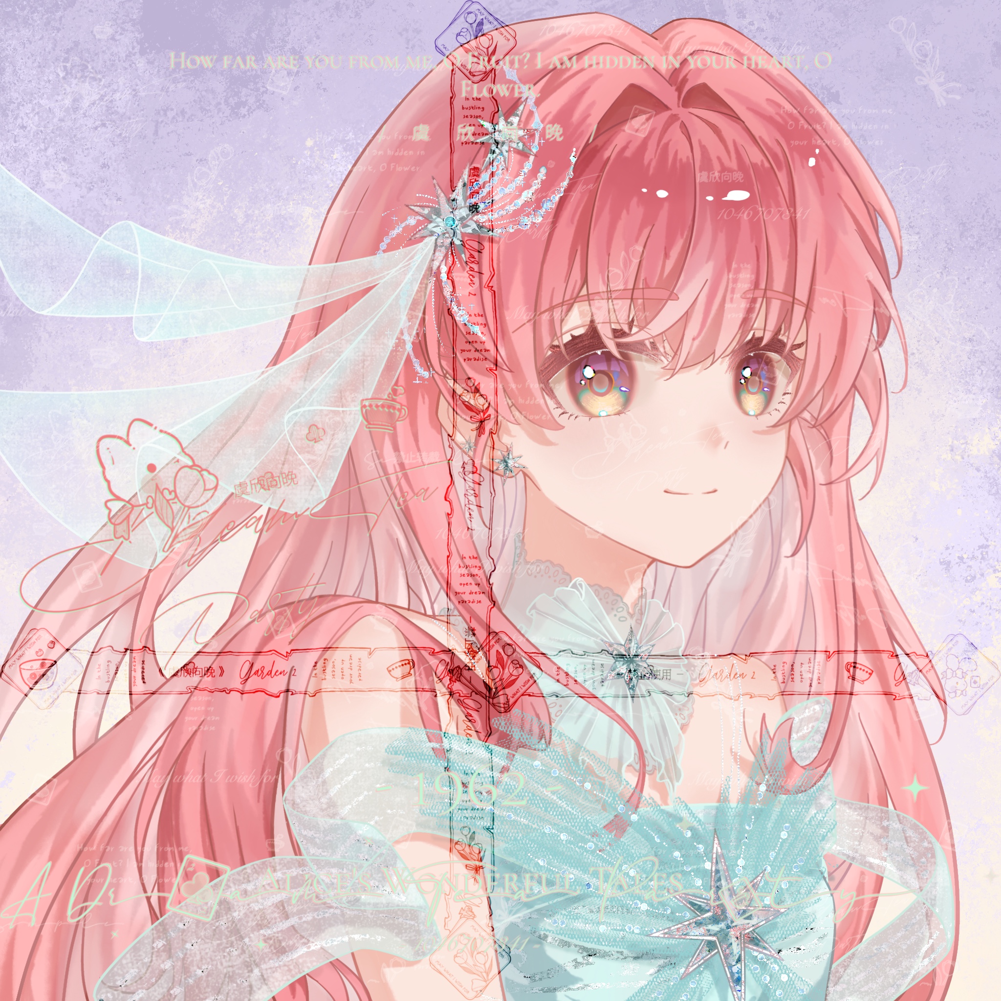 guides of star (shining nikki), nikki (nikki), nikki (series), shining nikki, artist request, commission, highres, second-party source, 1girl, bare shoulders, blue bow, blue bowtie, blue ribbon, bow, bowtie, brooch, brown eyes, closed mouth, collar, detached collar, dot nose, dress, eyelashes, gradient background, hair intakes, hair ornament, hair ribbon, jewelry, light blush, long hair, looking ahead, pink hair, purple background, ribbon, sample watermark, see-through ribbon, sidelocks, smile, solo, sparkle, star (symbol), star brooch, star hair ornament, strapless, strapless dress, striped bow, striped bowtie, striped clothes, too many watermarks, two-tone background, upper body, very long hair, watermark, white background, white collar, white dress