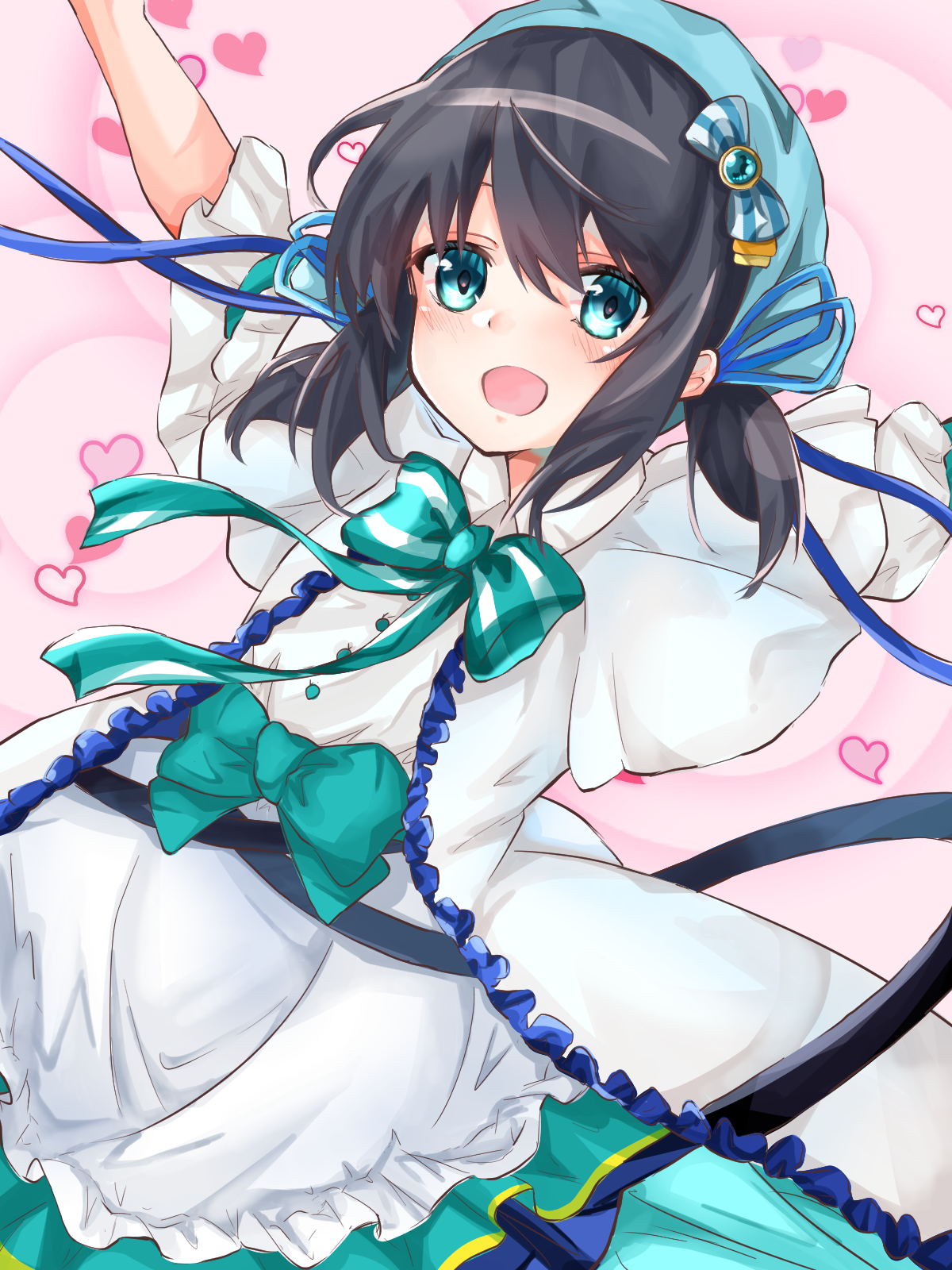 yuunamida uyu, chiaki riko, magia record: mahou shoujo madoka magica gaiden, mahou shoujo madoka magica, highres, 1girl, apron, aqua bow, aqua bowtie, black hair, blue eyes, blue ribbon, blush, bow, bowtie, hat, magical girl, ribbon, smile