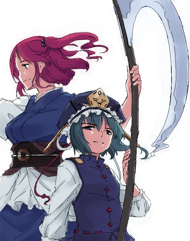 sakuraba yuuki, onozuka komachi, shiki eiki, touhou, 2girls, blue dress, blush, dress, expressionless, female focus, floating hair, green eyes, green hair, hat, holding, holding weapon, japanese clothes, kimono, long sleeves, looking at viewer, mob cap, multiple girls, obi, oekaki, polearm, puffy short sleeves, puffy sleeves, red eyes, red hair, sash, scythe, short sleeves, twintails, two side up, underbust, weapon, wind