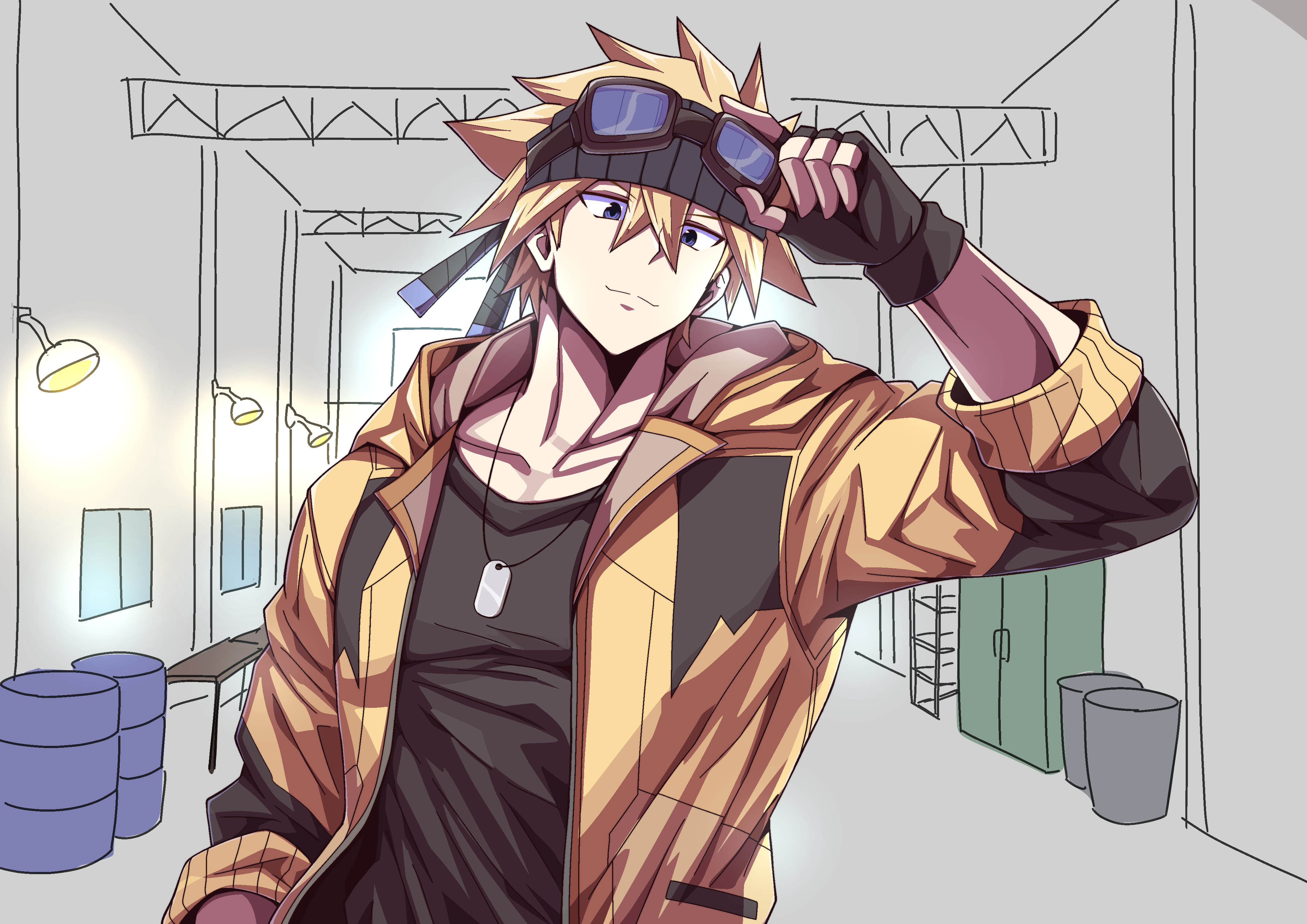 yokomiya4538, electivire, nintendo, pokemon, absurdres, commentary request, highres, 1boy, black headband, black shirt, blonde hair, dog tags, fingerless gloves, gen 4 pokemon, gloves, goggles, hair between eyes, hand up, headband, jacket, male focus, personification, shirt, sketch background, solo, standing, upper body, yellow jacket