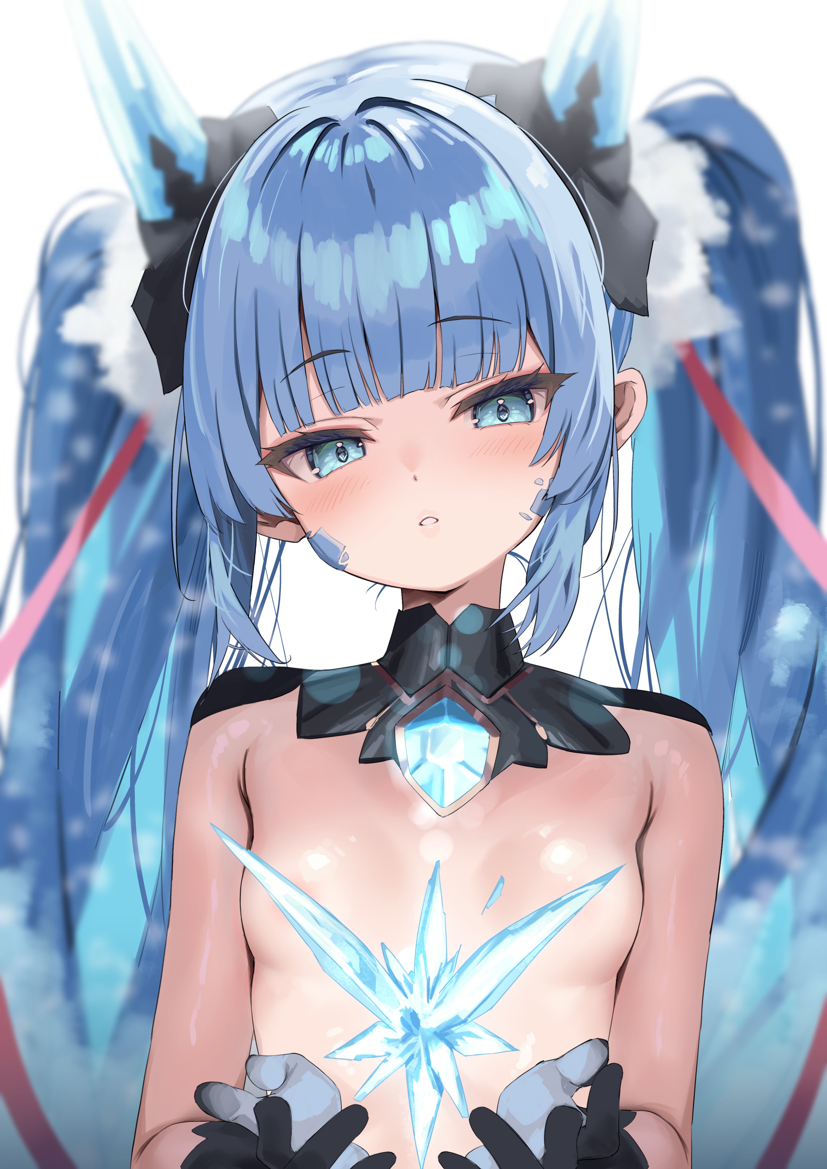 nyahu (nyahu 77), original, absurdres, highres, 1girl, arms up, black gloves, blue eyes, blue gemstone, blue hair, blurry, blush, breasts, bright pupils, covered erect nipples, crystal, gem, gloves, hair flaps, hair ornament, hair tie, horns, ice, light blush, looking at viewer, open mouth, portrait, red ribbon, ribbon, sidelocks, simple background, small breasts, snow, solo, teeth, topless female, twintails, white background
