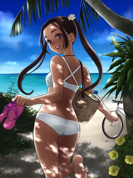 luna2, miss surfersparadise, original, 1girl, ass, barefoot, beach, bicycle, bikini, blue eyes, blush, brown hair, dappled sunlight, day, female focus, flower, long hair, ocean, outdoors, palm tree, solo, sunlight, swimsuit, tree, twintails, white bikini