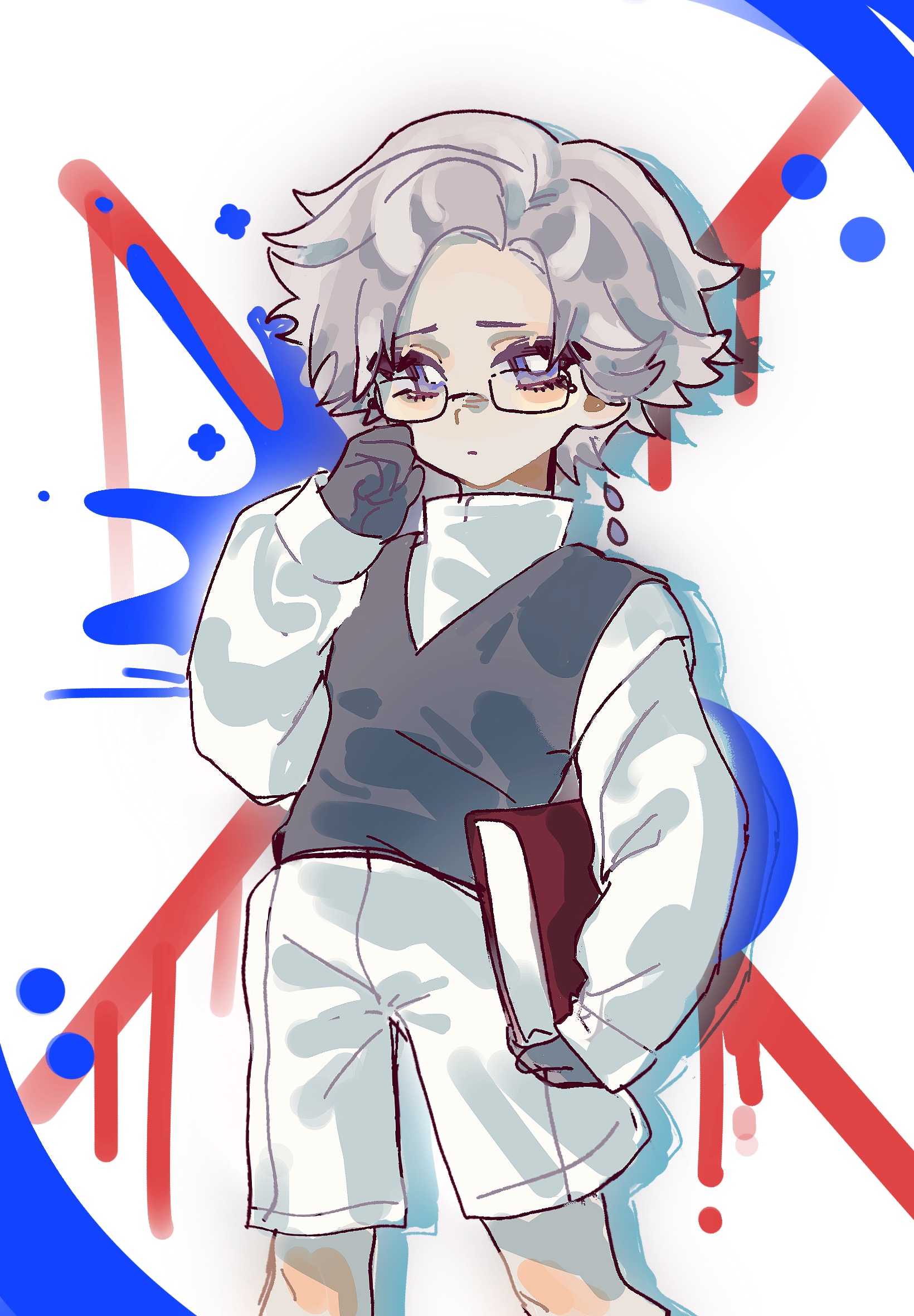 aotsuki eito, the hundred line -last defense academy-, chinese commentary, commentary request, highres, 1boy, aged down, black gloves, black vest, blue eyes, book, closed mouth, cowboy shot, expressionless, glasses, gloves, grey hair, guimei nana, hand up, high collar, holding, holding book, long sleeves, male focus, rectangular eyewear, shirt, short hair, shorts, solo, vest, white shirt, white shorts