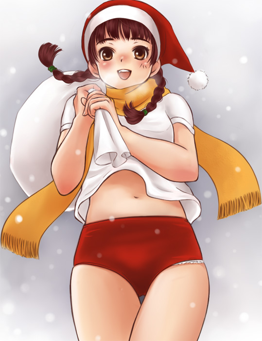 luna2, original, 1girl, blush, braid, breath, brown eyes, brown hair, buruma, christmas, female focus, gift, gym uniform, hair over shoulder, happy, hat, long hair, orange scarf, santa hat, scarf, snow, solo, twin braids