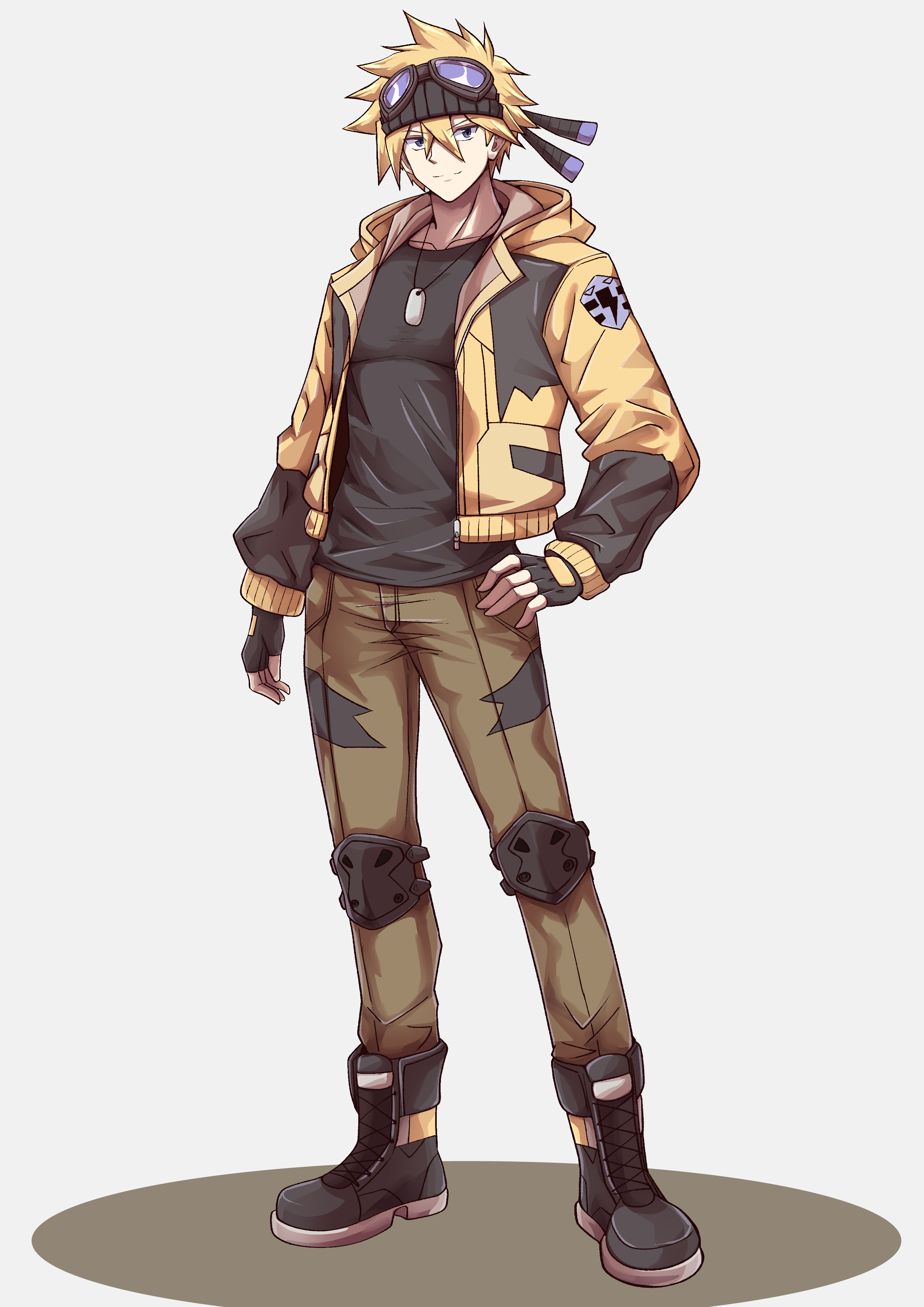 yokomiya4538, electivire, nintendo, pokemon, absurdres, highres, 1boy, black gloves, black headband, black shirt, black shoes, blonde hair, brown pants, dog tags, fingerless gloves, full body, gen 4 pokemon, gloves, goggles, goggles on headwear, hair between eyes, hand on own hip, headband, jacket, knee pads, looking at viewer, male focus, pants, personification, shirt, shoes, simple background, solo, standing, yellow jacket