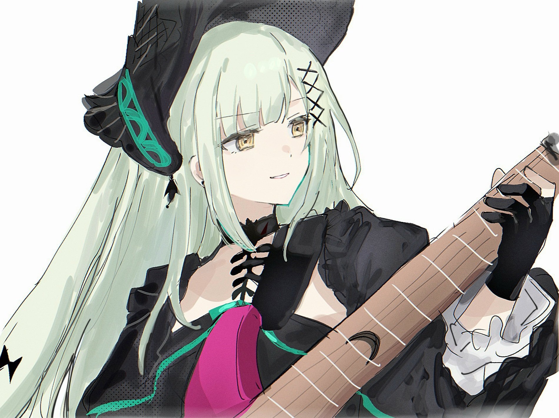 w1sd8396453, wakaba mutsumi, wakaba mutsumi (marionette's id), arknights, bang dream!, bang dream! it's mygo!!!!!, highres, 1girl, animal ears, black bonnet, black choker, black gloves, blunt bangs, bonnet, choker, floppy ears, gloves, gothic lolita, green hair, guitar, hair ornament, hand up, holding, holding guitar, holding instrument, instrument, lolita fashion, long hair, looking to the side, rabbit ears, rabbit girl, sidelocks, simple background, smile, solo, upper body, white background, x hair ornament, yellow eyes