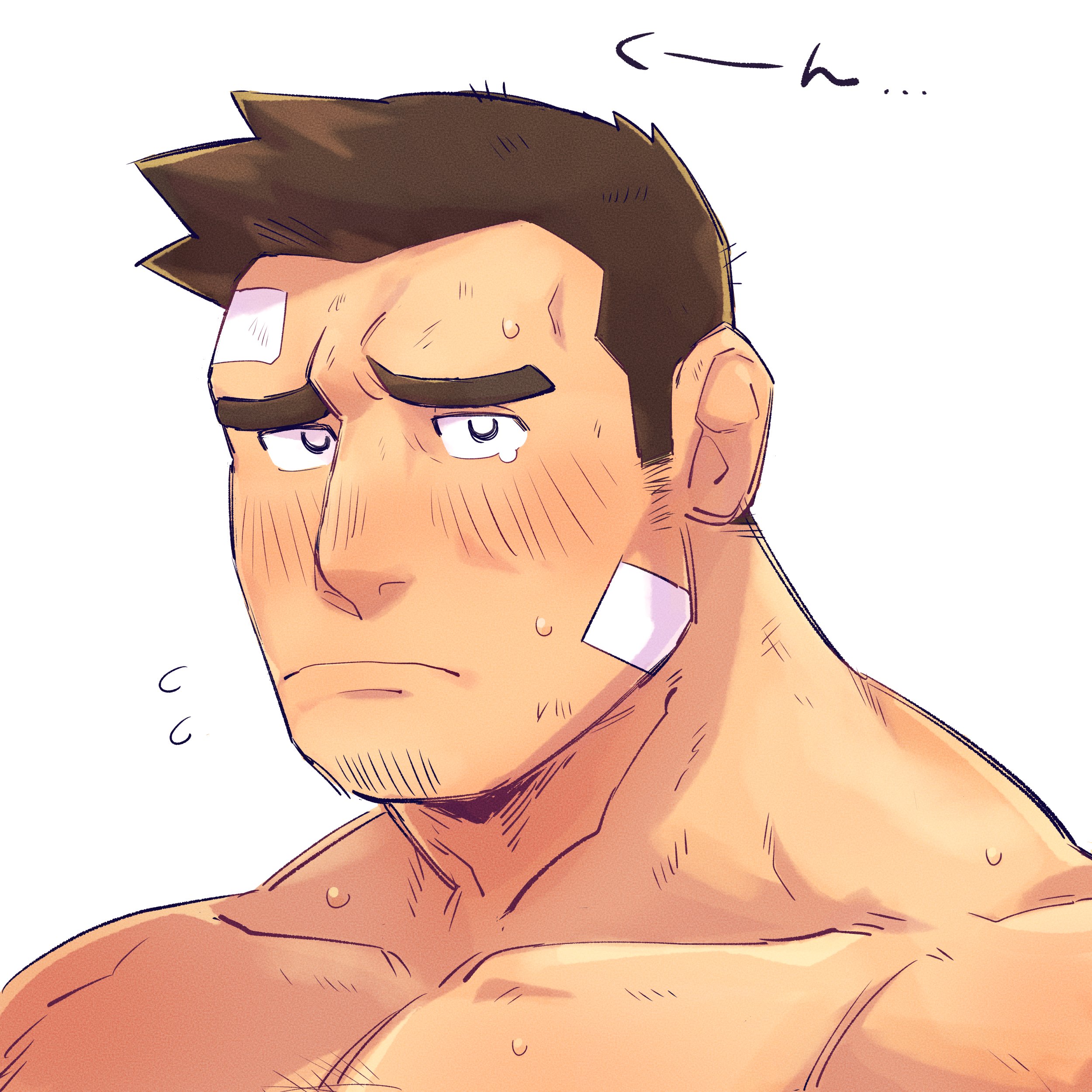 yowasabimechaoc, dick gumshoe, ace attorney, absurdres, highres, 1boy, adam's apple, bandage on face, bandages, bara, blush, bright pupils, brown hair, closed mouth, collarbone, facial hair, frown, goatee, looking at viewer, male focus, pectorals, short hair, sideburns, simple background, solo, tears, topless male, white background, white pupils