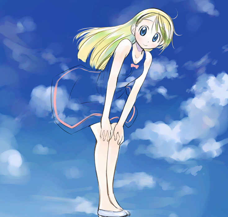 ikeda jun (mizutamari), original, 1girl, bare shoulders, bent over, blonde hair, blue eyes, cloud, day, female focus, hairband, leaning forward, long hair, see-through clothes, sky, smile, solo