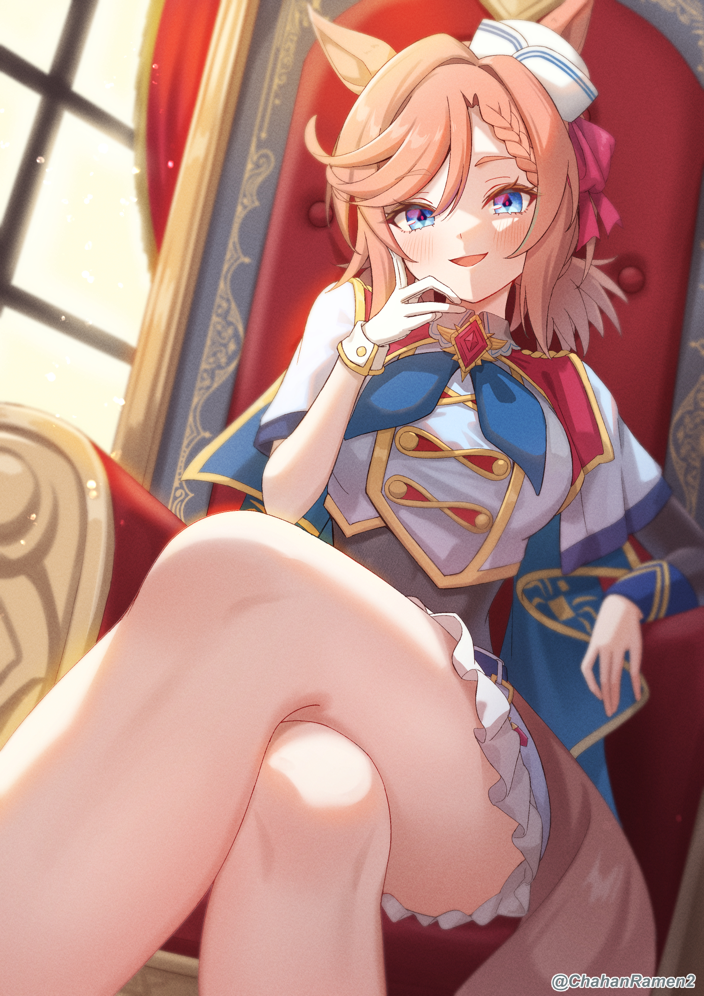 chahanramen, venus paques (umamusume), umamusume, commentary request, highres, 1girl, animal ears, blue eyes, blue neckerchief, bodystocking, braid, braided bangs, brown hair, crossed legs, diamond-shaped pupils, diamond (shape), dixie cup hat, ears through headwear, gloves, hair intakes, hat, horse ears, horse girl, horse tail, light particles, looking at viewer, military hat, mini hat, neckerchief, open mouth, shirt, single glove, sitting, sitting on throne, smile, solo, symbol-shaped pupils, tail, thighs, tilted headwear, white gloves, white hat, white shirt