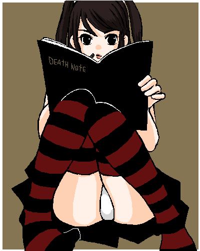 luna2, amane misa, death note, lowres, 00s, 1girl, alternate hair color, black eyes, book, book focus, brown hair, death note (object), female focus, oekaki, panties, pantyshot, solo, striped clothes, striped thighhighs, thighhighs, twintails, underwear, upskirt, white panties