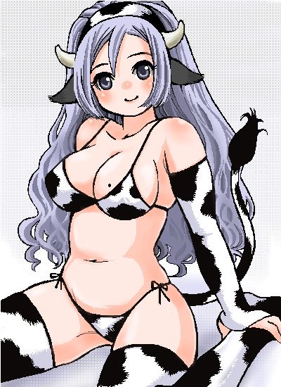 luna2, original, 1girl, animal ears, animal print, bikini, blush, cow ears, cow girl, cow print, cow print bikini, cow tail, elbow gloves, female focus, gloves, horns, kneeling, long hair, oekaki, print bikini, purple eyes, purple hair, side-tie bikini bottom, smile, solo, swimsuit, tail, thighhighs, white bikini