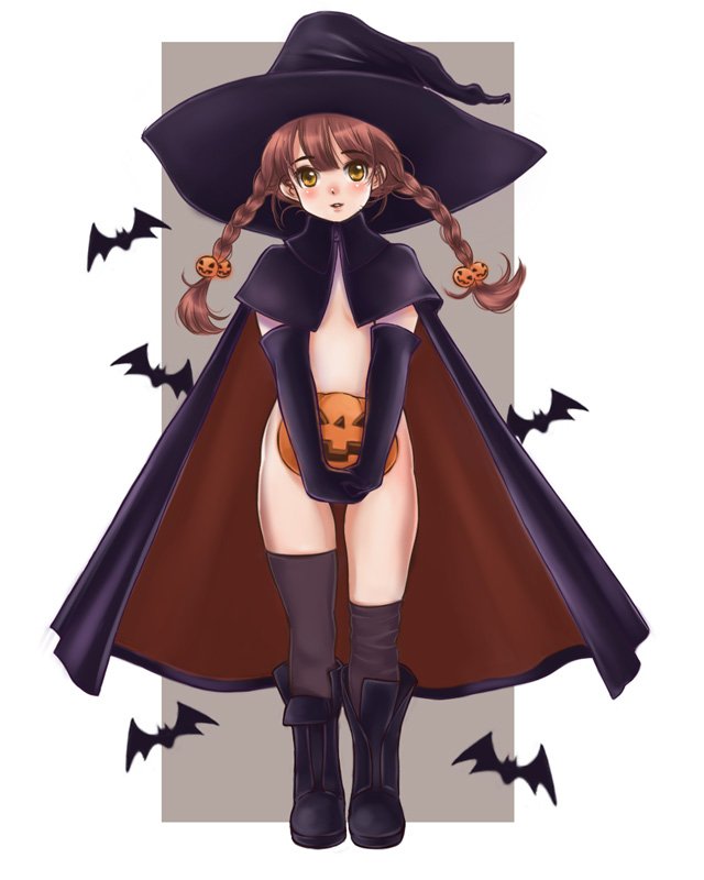 luna2, original, 1girl, bat (animal), blush, boots, braid, brown eyes, brown hair, cape, costume, female focus, hat, jack-o'-lantern, long hair, naked cape, no panties, pumpkin, solo, thighhighs, twin braids, witch hat