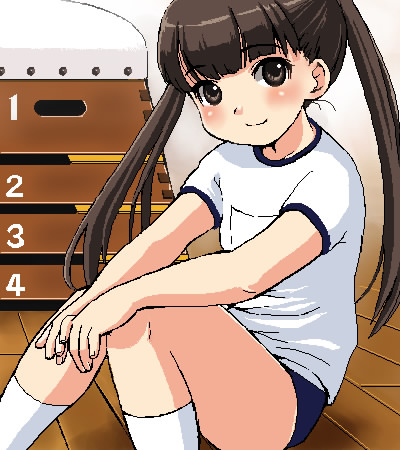 luna2, original, lowres, 1girl, blush, brown eyes, brown hair, female focus, gym uniform, long hair, oekaki, sitting, smile, solo, twintails, vaulting horse