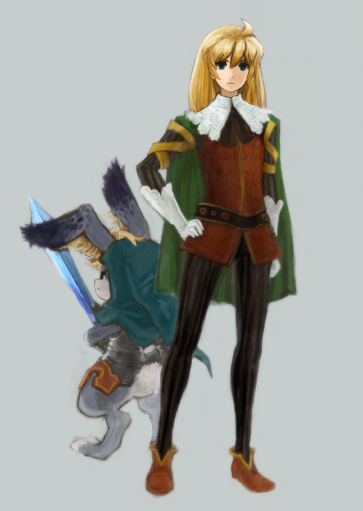 piranosuke, cornelius (odin sphere), odin sphere, fur, 1boy, animal, belt, black leggings, blonde hair, blue eyes, cape, formal clothes, gloves, hood, leggings, long hair, male focus, pantyhose, rabbit, sword, weapon