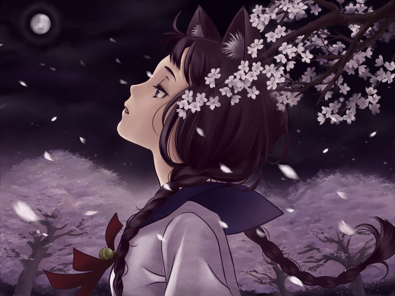 luna2, original, 1girl, animal ears, black hair, blue eyes, braid, cat ears, cherry blossoms, female focus, long hair, moon, night, petals, school uniform, solo, twin braids
