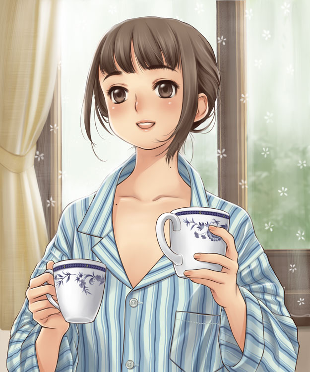 luna2, original, 1girl, blush, brown eyes, brown hair, cup, female focus, mole, morning, shirt, short hair, smile, solo
