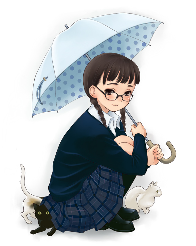luna2, original, 1girl, black shoes, blush, braid, brown eyes, brown hair, calico (pattern), calico cat, cat, collared jacket, female focus, glasses, jacket, long hair, plaid clothes, plaid skirt, shoes, simple background, skirt, smile, solo, squatting, twin braids, umbrella