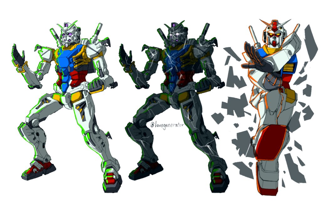 kin-san (sasuraiga), rx-78-2 gundam, white gundam, gundam, gundam gquuuuuux, ninja slayer, commentary, spoilers, armor, artist name, break, breaking, crack, fighting stance, looking at viewer, mecha, mecha focus, mobile suit, no humans, purple eyes, robot, science fiction, simple background, twitter username, v-fin, white background, yellow eyes