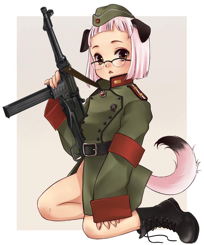 luna2, animal ears, blush, boots, brown eyes, dog ears, dog girl, dog tail, garrison cap, glasses, gun, hat, kneeling, loli, military, military uniform, pink hair, runatus, short hair, solo, submachine gun, tail, weapon