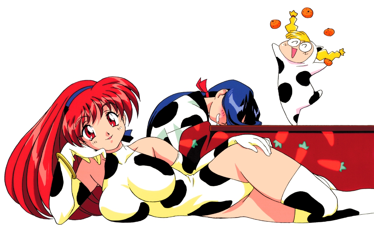kimura takahiro, honjoji akira, karin (viper), saki (viper), viper (series), viper v16, non-web source, 3girls, ^ ^, animal costume, animal print, blonde hair, blue hair, blush, bracelet, braid, breasts, carrot, chibi, chibi inset, closed eyes, cow costume, cow girl, cow print, cow print bikini, cow print thighhighs, elbow gloves, food, fruit, glasses, gloves, hairband, head on hand, head rest, jewelry, juggling, kotatsu, large breasts, leotard, long hair, lying, mandarin orange, mouth veil, multiple girls, on side, one-piece swimsuit, open mouth, orange (fruit), ponytail, print bikini, print thighhighs, red eyes, red hair, saliva, simple background, smile, solo focus, swimsuit, table, thighhighs, twin braids, veil, very long hair, white background