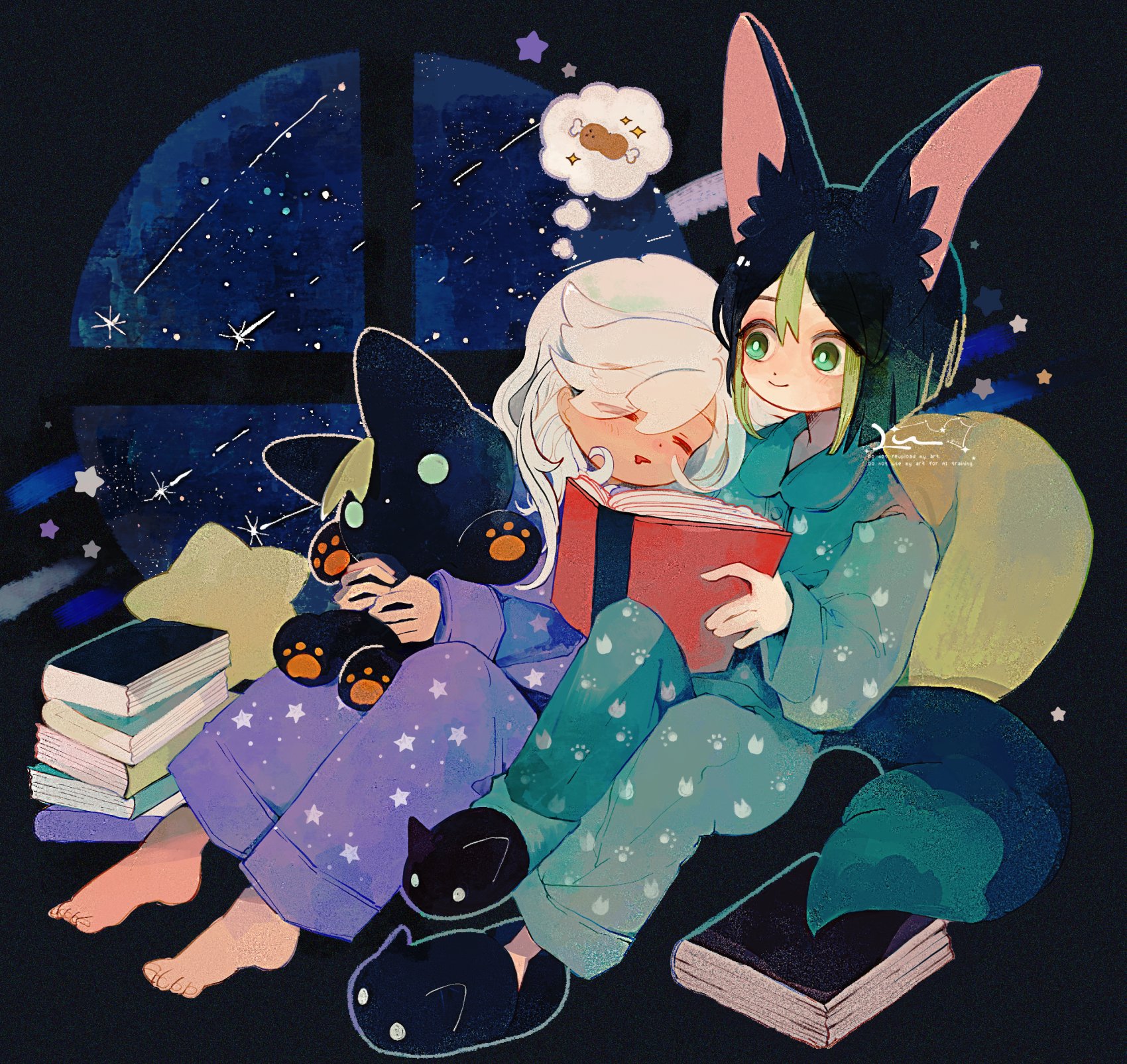 li04r, cyno (genshin impact), tighnari (genshin impact), genshin impact, commentary request, highres, 2boys, animal ear fluff, animal ears, animal slippers, blunt ends, blush, boned meat, book, book stack, closed eyes, closed mouth, dark-skinned male, dark skin, dot nose, food, green eyes, green hair, green pajamas, holding, holding book, holding stuffed toy, image in thought bubble, long sleeves, looking at another, looking to the side, male focus, meat, multicolored hair, multiple boys, open book, pajamas, parted bangs, pillow, purple pajamas, shooting star, sideways glance, sitting, sky, sleeping, slippers, smile, speech bubble, star (sky), star (symbol), starry sky, streaked hair, stuffed animal, stuffed toy, thought bubble, white hair, window