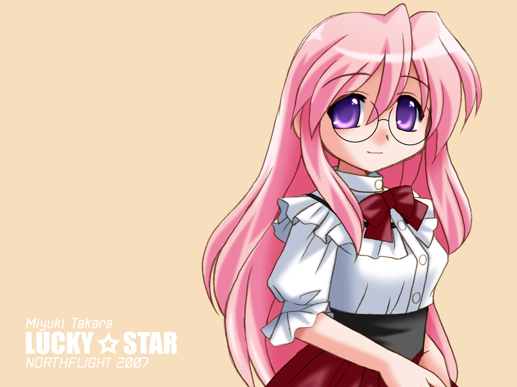 northflight, takara miyuki, lucky star, non-web source, 00s, glasses, long hair, pink hair, purple eyes, solo, waitress