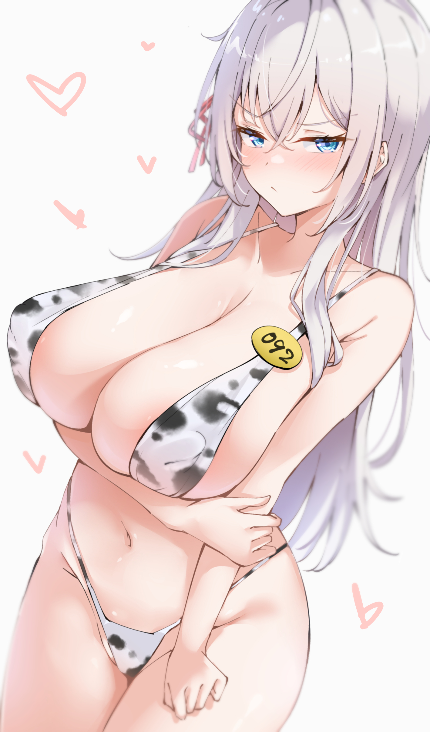 xlyami, alisa mikhailovna kujou, tokidoki bosotto roshia-go de dereru tonari no alya-san, absurdres, commentary request, highres, 1girl, animal print, arm under breasts, bikini, blush, breasts, covered erect nipples, cow print, cow print bikini, cowboy shot, curvy, grey hair, hair between eyes, holding own arm, huge breasts, long hair, looking at viewer, navel, print bikini, simple background, solo, swimsuit, thick thighs, thighs, white background