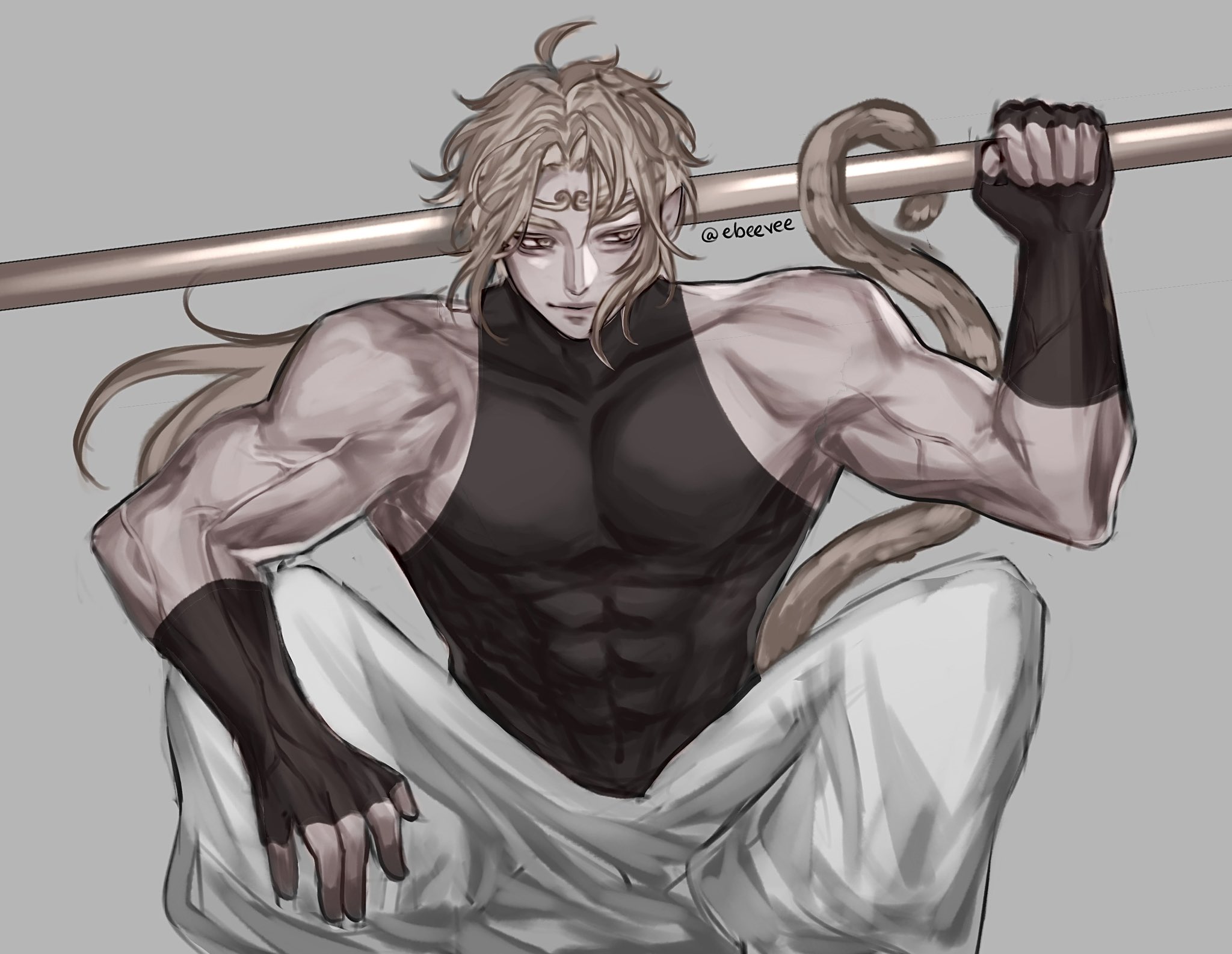 evie (baoxiao), sun wukong (omniscient reader's viewpoint), omniscient reader's viewpoint, highres, 1boy, abs, black gloves, black tank top, blonde hair, curtained hair, fingerless gloves, gloves, hair flowing over, hairband, halterneck, holding, holding behind back, holding polearm, holding weapon, holding weapon behind back, kemonomimi mode, knees up, male focus, monkey tail, muscular, muscular male, pole, polearm, smirk, solo, squatting, tail, tank top, tight clothes, veins, weapon, yellow eyes