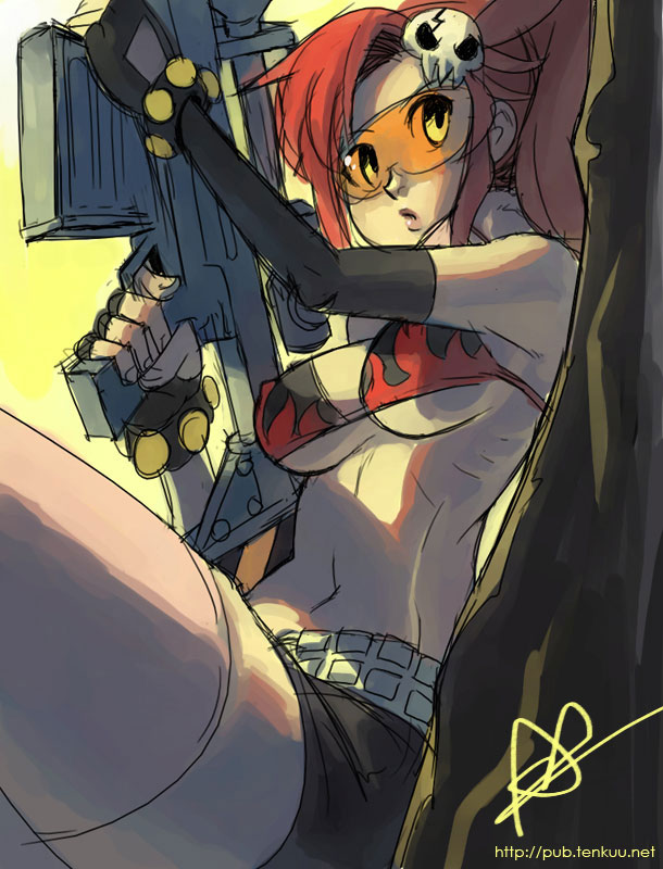 alex ahad, yoko littner, tengen toppa gurren lagann, visor, 00s, 1girl, asymmetrical clothes, asymmetrical gloves, breasts, elbow gloves, female focus, gloves, goggles, gun, orange-tinted eyewear, orange-tinted glasses, red hair, safety glasses, single elbow glove, solo, sunglasses, thighhighs, tinted eyewear, underboob, uneven gloves, weapon
