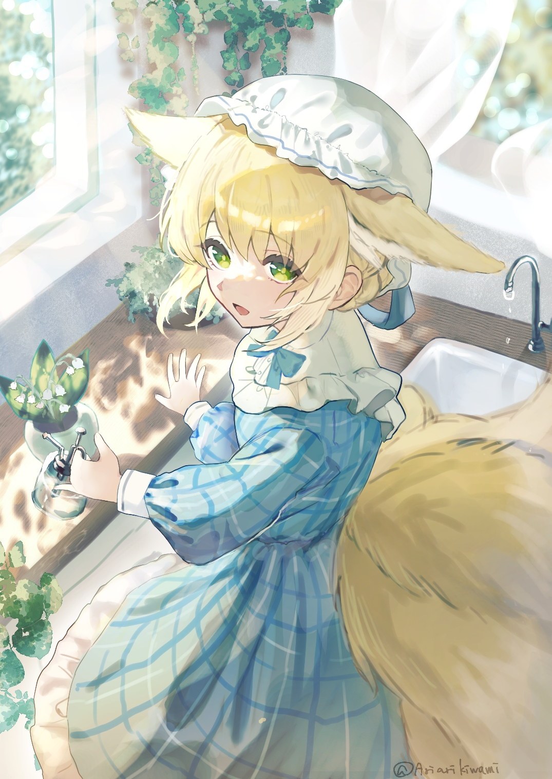 ariji, suzuran (arknights), arknights, commentary, highres, 1girl, alternate costume, animal ears, blonde hair, blue dress, dress, extra ears, faucet, fox ears, fox girl, fox tail, green eyes, hat, kitsune, kyuubi, long sleeves, mob cap, multiple tails, open mouth, plaid clothes, plaid dress, puffy long sleeves, puffy sleeves, short hair, solo, tail, white hat, window