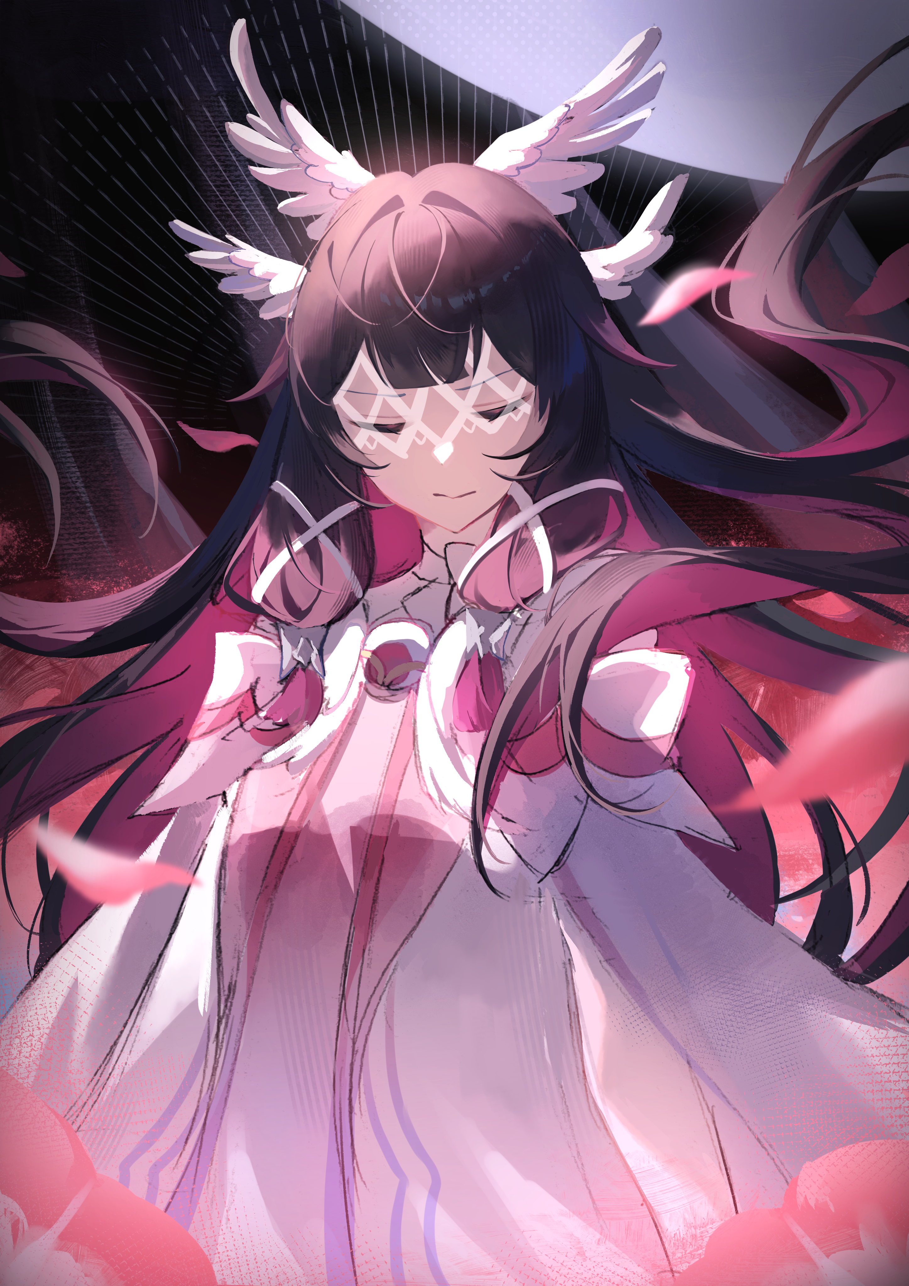 luna sakurazuki, columbina (genshin impact), genshin impact, absurdres, highres, 1girl, black hair, closed eyes, colored inner hair, eye mask, floating hair, furrowed brow, hair ornament, multicolored hair, pink hair, sidelocks, solo, upper body, white mask, wing hair ornament