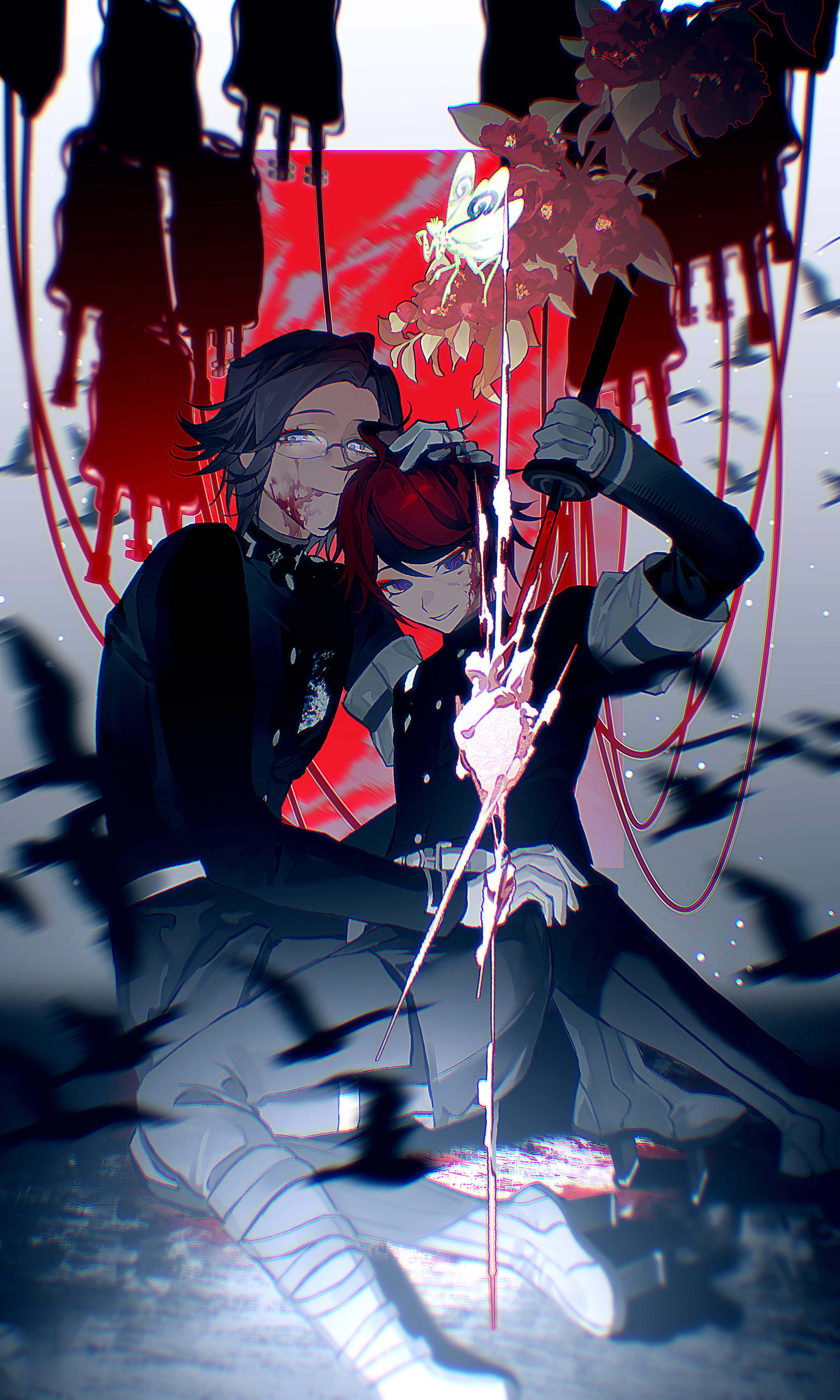 aizendai, aotsuki eito, sumino takumi, the hundred line -last defense academy-, absurdres, chinese commentary, commentary request, highres, variant set, 2boys, ahoge, armband, black boots, black jacket, black pants, black streaks, blood, blood bag, blood on face, blue eyes, boots, eyeliner, flower, gakuran, geta, glasses, gloves, hand on another's head, hand on own hip, heart (organ), holding, holding sword, holding weapon, jacket, last defense academy school uniform, looking at self, looking at viewer, makeup, male focus, multicolored hair, multiple boys, pants, praying mantis, purple eyes, red eyeliner, red hair, school uniform, self-harm, short hair, sitting, smile, stab, streaked hair, sword, weapon, white armband, white gloves, yaoi