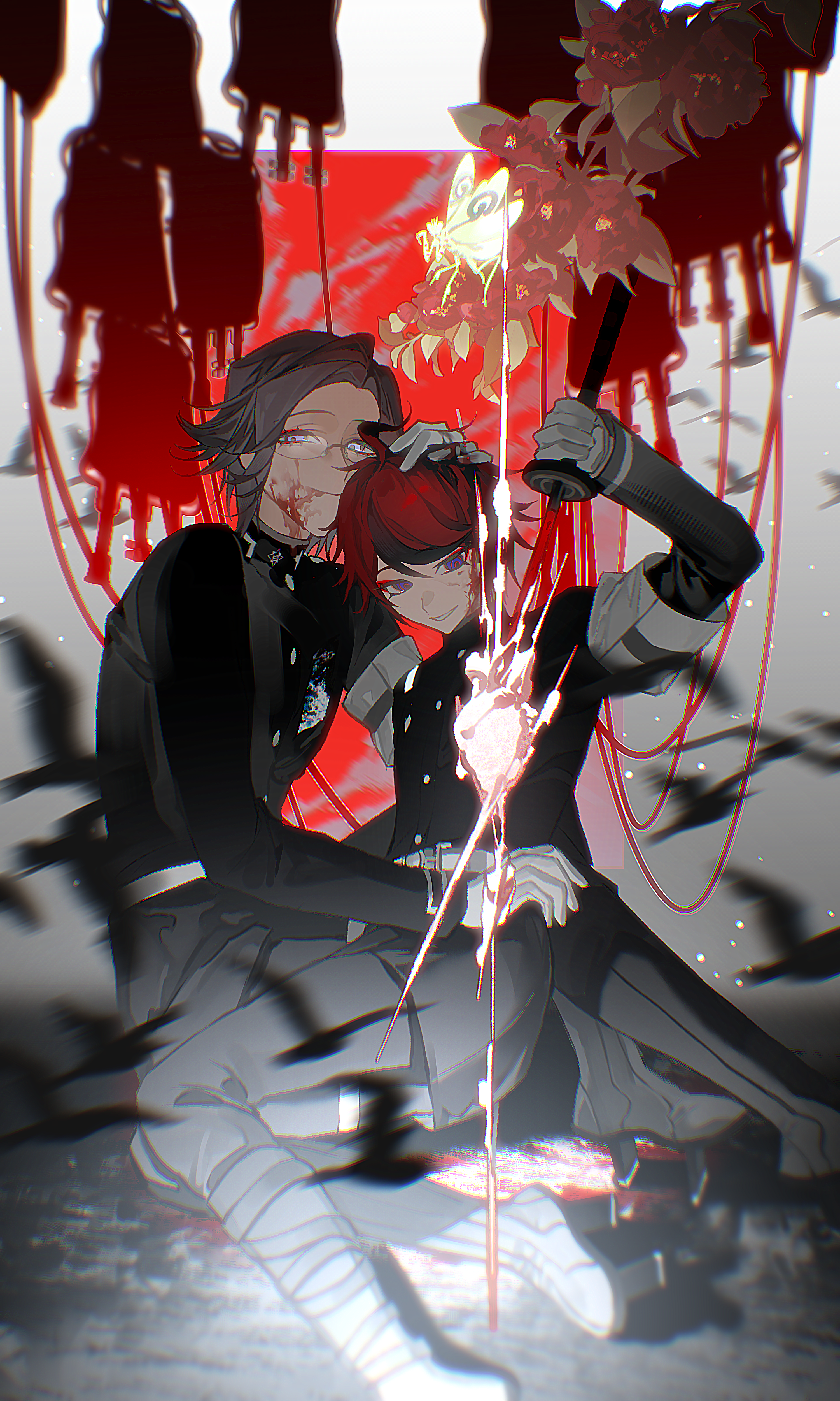 aizendai, aotsuki eito, sumino takumi, the hundred line -last defense academy-, absurdres, chinese commentary, commentary request, highres, variant set, 2boys, ahoge, armband, black boots, black jacket, black pants, black streaks, blood, blood bag, blood on face, blue eyes, boots, eyeliner, flower, gakuran, geta, glasses, gloves, hand on another's head, hand on own hip, heart (organ), holding, holding sword, holding weapon, jacket, last defense academy school uniform, looking at self, looking at viewer, makeup, male focus, multicolored hair, multiple boys, pants, praying mantis, purple eyes, red eyeliner, red hair, school uniform, self-harm, short hair, sitting, smile, stab, streaked hair, sword, weapon, white armband, white gloves, yaoi