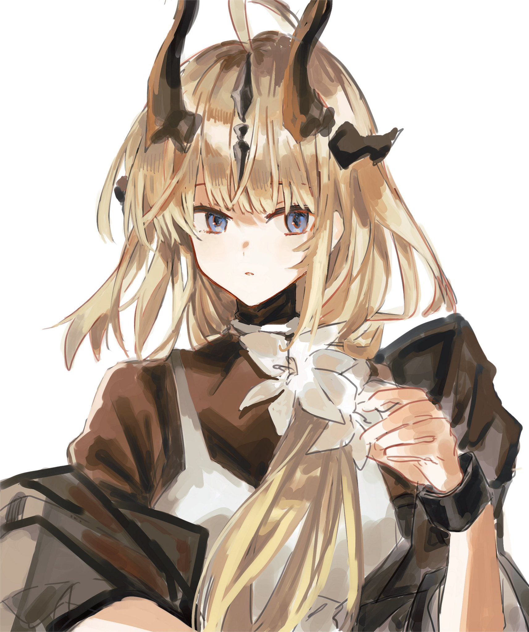 reed (arknights), reed the flame shadow (arknights), arknights, commentary, highres, 1girl, ahoge, blonde hair, blue eyes, brown horns, brown shirt, flower, hair flower, hair ornament, hand up, horns, long hair, looking at viewer, nktg, off shoulder, parted lips, shirt, simple background, sketch, solo, upper body, vest, white background, white flower, white vest