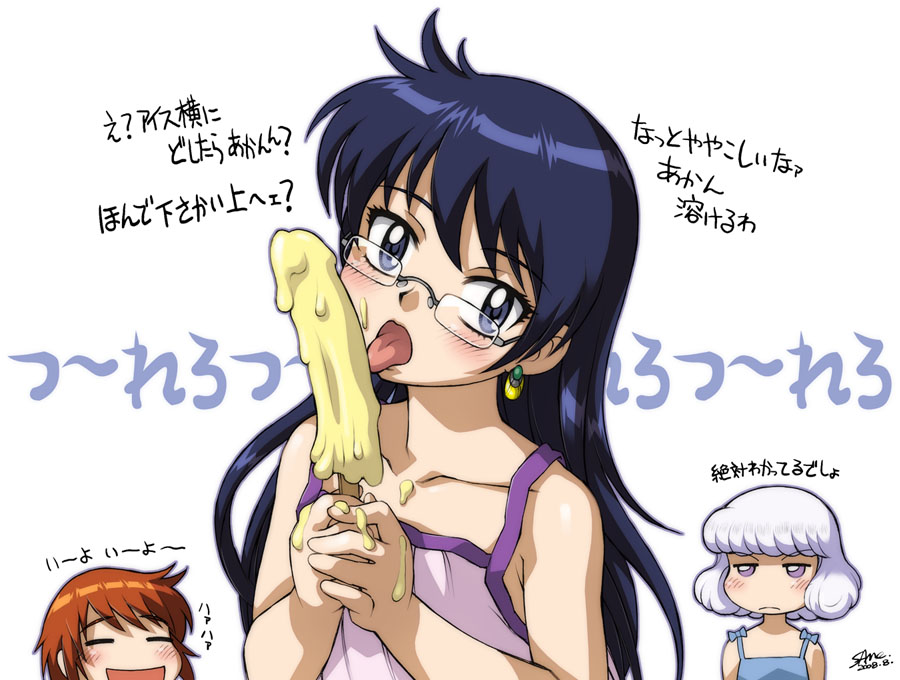 sameha ikuya, akashi kaoru, nogami aoi, sannomiya shiho, zettai karen children, translation request, 00s, 3girls, banana popsicle, blue eyes, blue hair, blush, closed eyes, earrings, glasses, jewelry, licking, long hair, multiple girls, open mouth, popsicle, purple eyes, purple hair, red hair, sexually suggestive, short hair, tongue, tongue out, white background
