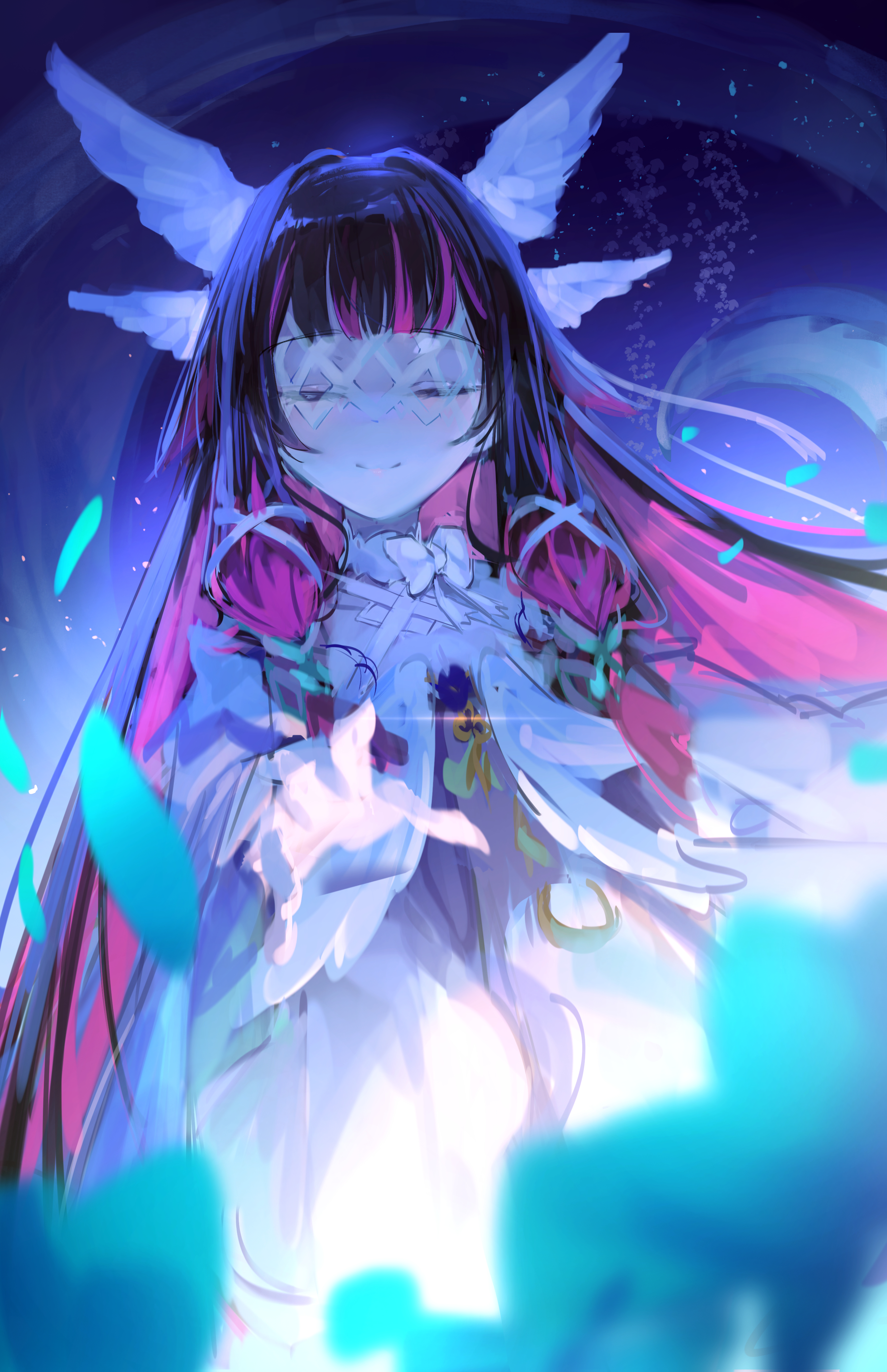 yu hydra, columbina (genshin impact), genshin impact, absurdres, highres, 1girl, black hair, blunt bangs, closed eyes, dress, eye mask, hair ornament, long hair, pink hair, reaching, smile, solo, very long hair, white dress, white mask, wing hair ornament