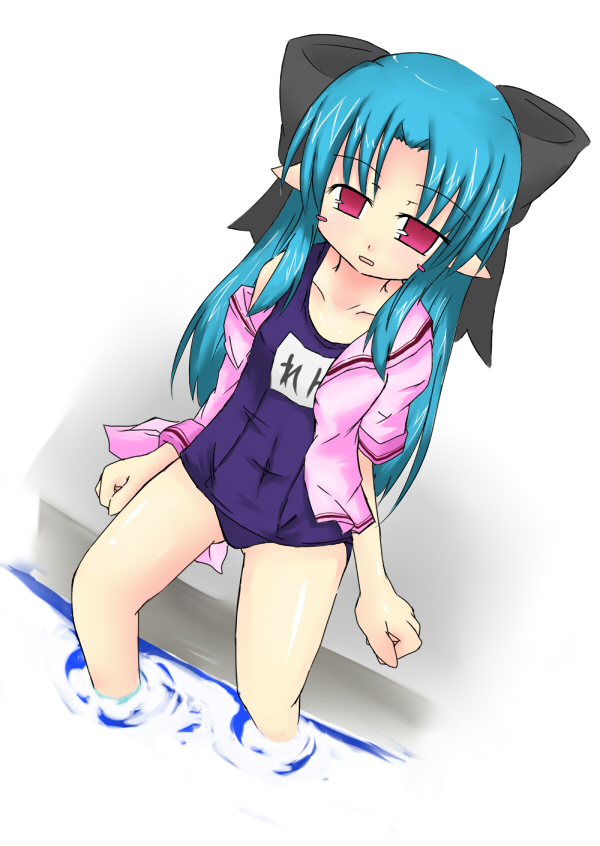 scplanes, len (tsukihime), melty blood, tsukihime, type-moon, bad id, bad pixiv id, 00s, 1girl, blue hair, female focus, loli, no pants, one-piece swimsuit, open clothes, open shirt, pointy ears, red eyes, school swimsuit, shirt, solo, swimsuit, swimsuit under clothes
