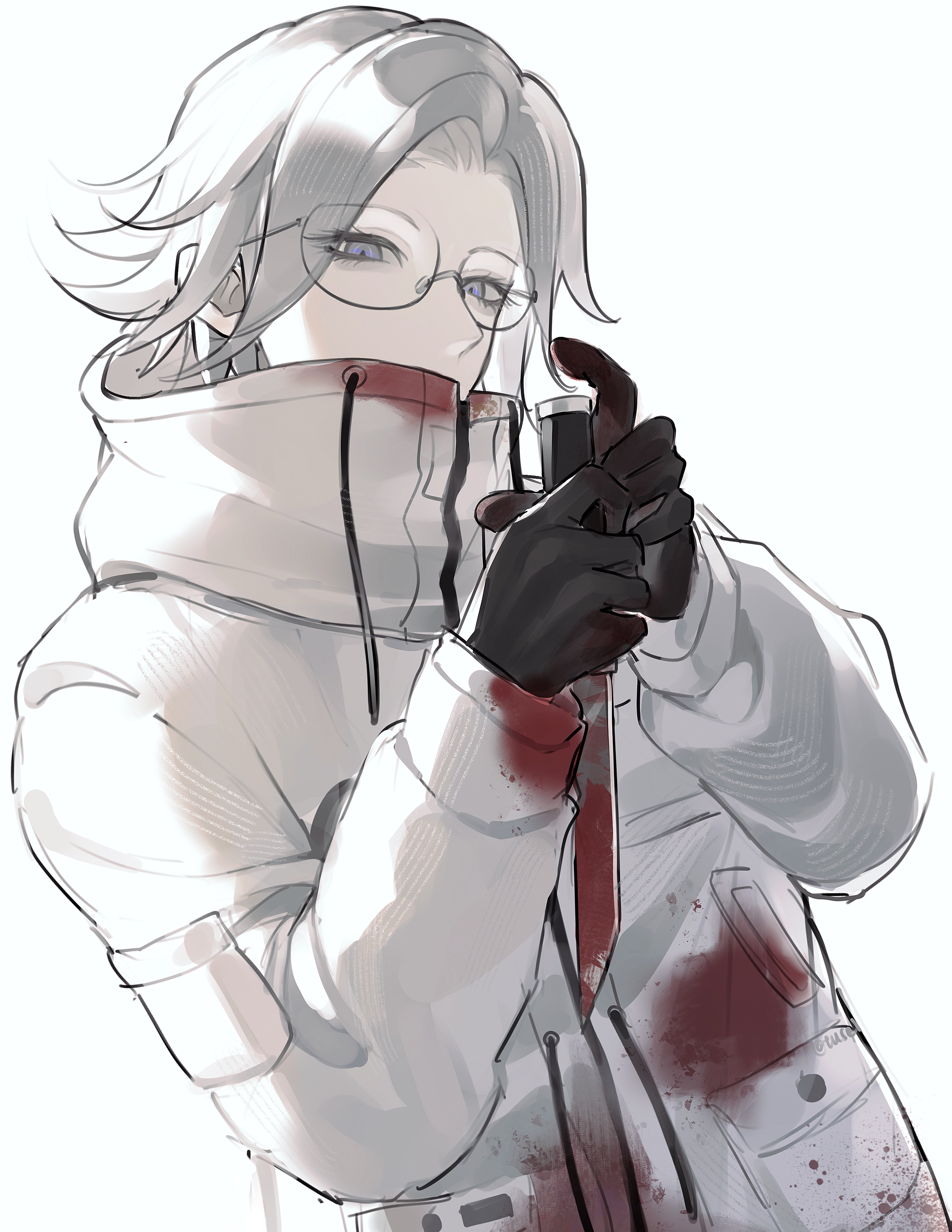 aotsuki eito, the hundred line -last defense academy-, absurdres, chinese commentary, commentary request, highres, 1boy, black gloves, blood, blood on clothes, bloody weapon, blue eyes, covered mouth, drawstring, eyelashes, eyes visible through hair, glasses, gloves, grey hair, high collar, holding, holding knife, jacket, knife, long sleeves, male focus, pocket, short hair, simple background, solo, tusei, weapon, white background, white jacket
