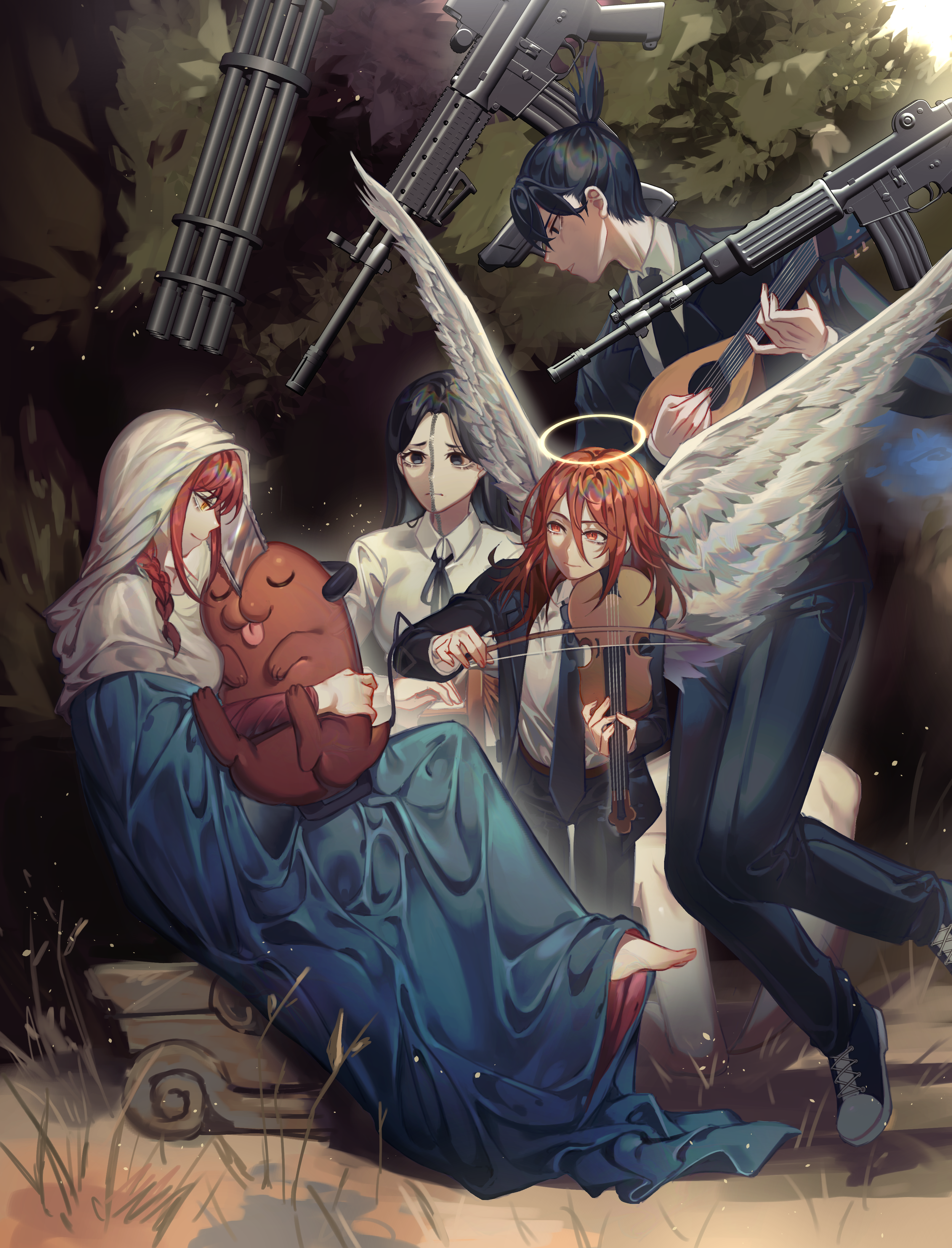 kikan (kikanoe), angel devil (chainsaw man), hayakawa aki, makima (chainsaw man), pochita (chainsaw man), princi (chainsaw man), virgin mary, chainsaw man, absurdres, commentary, highres, weapon request, 2boys, 2girls, angel wings, barefoot, black hair, black necktie, black ribbon, braid, collared shirt, cosplay, fine art parody, floating gun, gatling gun, instrument, la vierge aux anges, lute (instrument), multiple boys, multiple girls, music, necktie, parody, parted lips, playing instrument, ponytail, red hair, ribbon, shirt, smile, violin, virgin mary (cosplay), white wings, wings, zipper