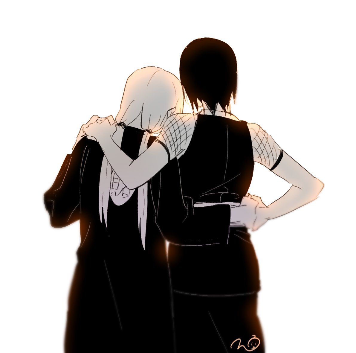 may c, shizune (naruto), tsunade (naruto), naruto (series), commentary request, korean commentary, 2girls, arm around shoulder, arm around waist, blurry, from behind, haori, japanese clothes, low twintails, multiple girls, sepia, signature, twintails