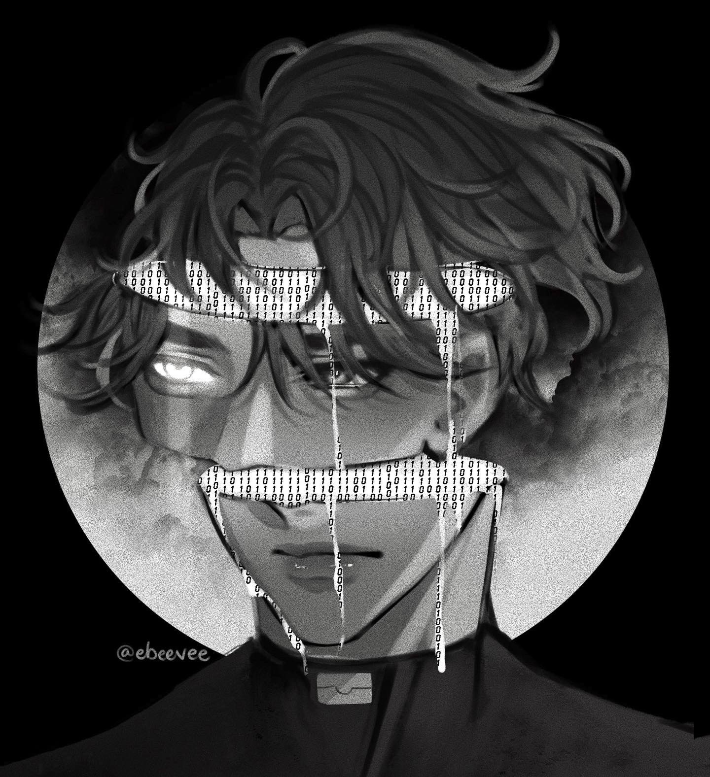evie (baoxiao), yoo joonghyuk, omniscient reader's viewpoint, highres, 1boy, binary, black eyes, black hair, blood from forehead, broken skull, curtained hair, expressionless, glowing, glowing eye, greyscale, heterochromia, male focus, monochrome, moon behind head, portrait, short hair, solo, symbolism, white blood, white eyes