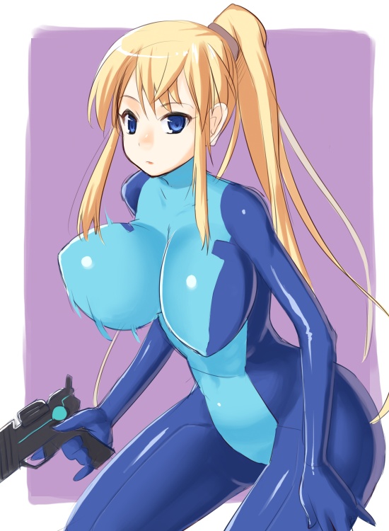 nagase haruhito, samus aran, metroid, nintendo, 1girl, alternate breast size (larger), blonde hair, blue eyes, bodysuit, bouncing breasts, breasts, female focus, huge breasts, large breasts, latex, long hair, ponytail, shiny clothes, skin tight, solo, unaligned breasts, zero suit