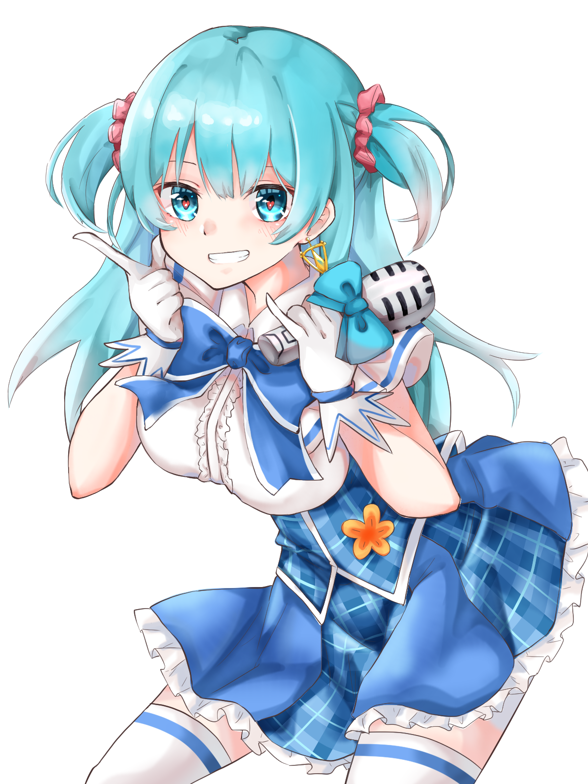 yuunamida uyu, minami rena, magia record: mahou shoujo madoka magica gaiden, mahou shoujo madoka magica, highres, 1girl, blue bow, blue bowtie, blue eyes, blue hair, bow, bowtie, breasts, gloves, idol, kamiha magica idol costume, large breasts, long hair, microphone, skirt, smile, thighhighs, twintails, white gloves, white thighhighs
