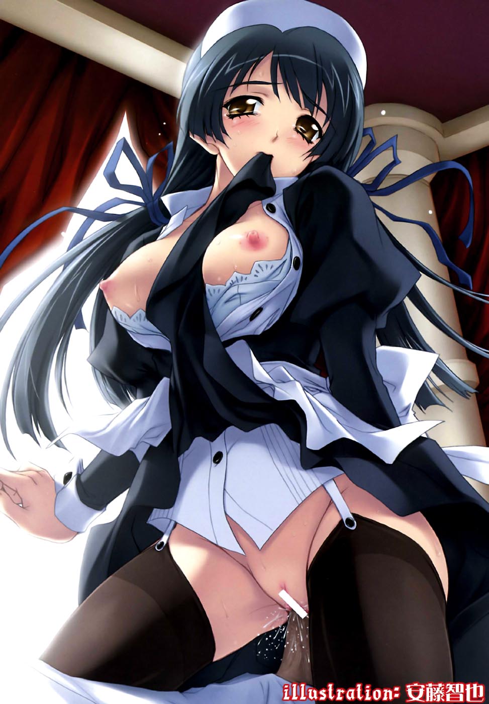 andou tomoya, original, highres, scan, 1girl, artist name, black hair, blush, breasts, breasts out, brown eyes, censored, garter belt, garter straps, hair ribbon, long hair, maid, mouth hold, nipples, open clothes, open shirt, penis, pussy, pussy juice, ribbon, sex, shirt, solo focus, thighhighs, vaginal