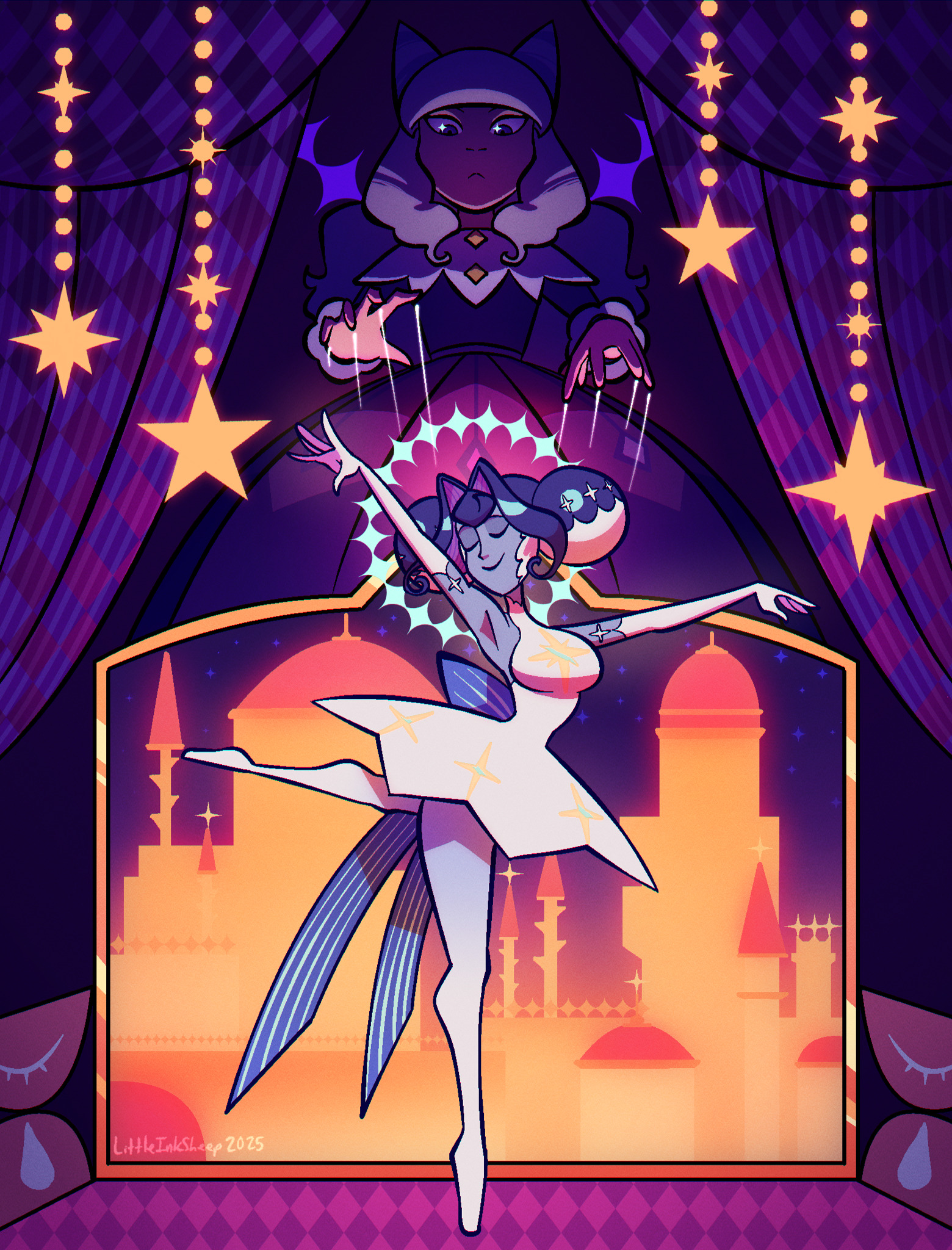 littleinksheep, princess guinevere, knights of guinevere, highres, 2girls, arm up, artist name, breasts, castle, closed eyes, colored skin, curtains, dated, double bun, elbow gloves, gloves, grey skin, hair bun, long hair, medium breasts, multiple girls, olivia park, puppet strings, smile, stage curtains, white gloves