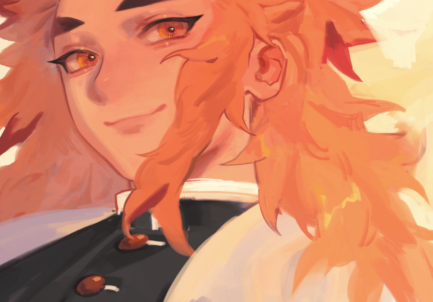 rumaeinine, rengoku kyoujurou, kimetsu no yaiba, commentary, symbol-only commentary, 1boy, black jacket, blonde hair, buttons, close-up, closed mouth, eyeliner, hair behind ear, jacket, long hair, looking to the side, makeup, male focus, smile, solo, upper body, yellow eyes
