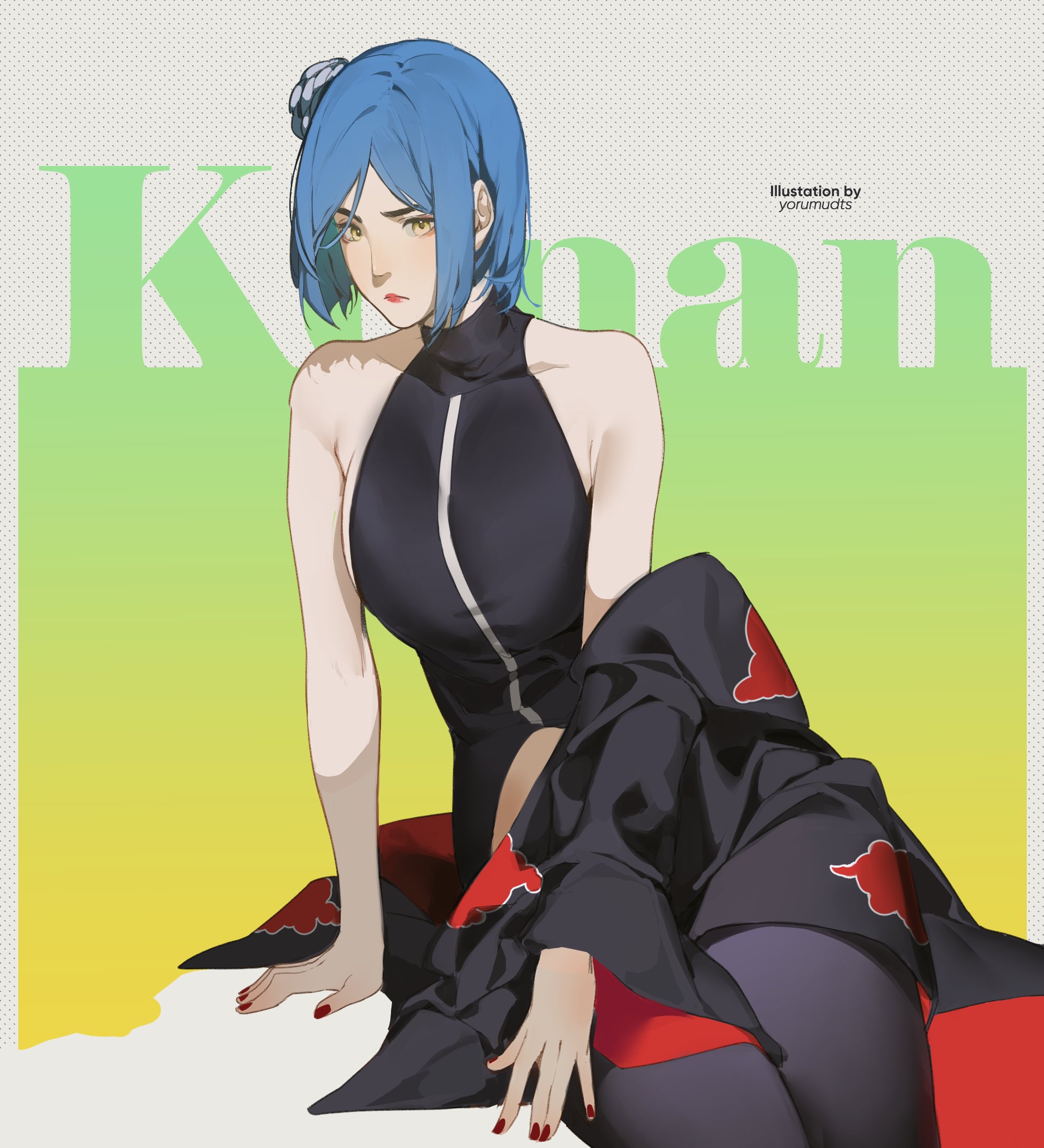 yorumudts, konan (naruto), naruto (series), naruto shippuuden, highres, 1girl, akatsuki uniform, artist name, bare shoulders, black pants, black shirt, blue hair, breasts, character name, closed mouth, cocked eyebrow, cowboy shot, flower, frown, hair flower, hair ornament, halter shirt, halterneck, medium breasts, nail polish, pants, pink lips, red nails, shirt, short hair, sitting, solo, yellow eyes