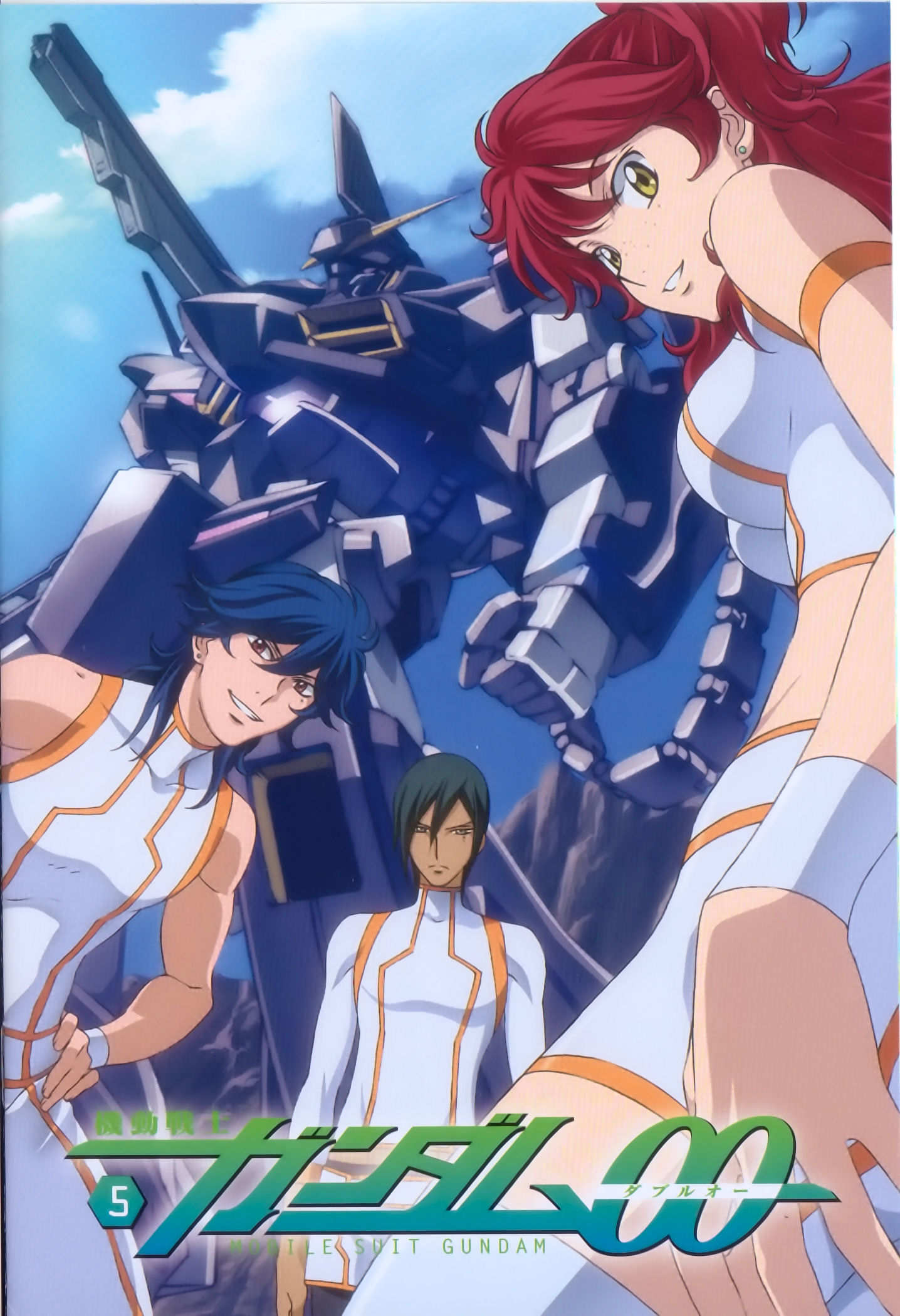 johann trinity, michael trinity, nena trinity, gundam, gundam 00, highres, scan, 00s, 1girl, 2boys, brother and sister, brothers, freckles, long hair, mecha, midriff, multiple boys, red hair, robot, shorts, siblings, thighhighs, yellow eyes, zettai ryouiki